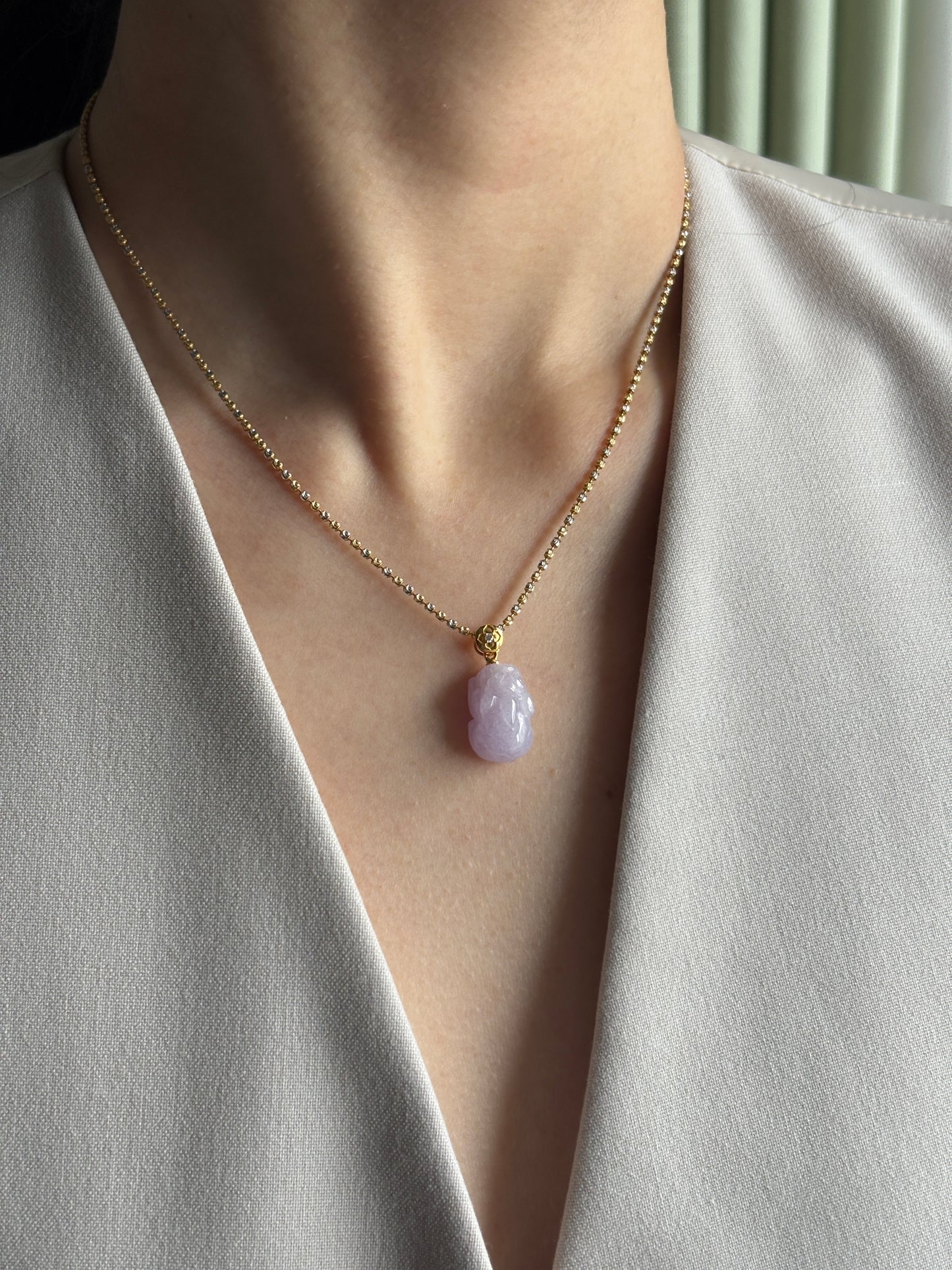 #P0497 "Pixiu" Icy Pink Lavender Jadeite Jade 18K Yellow Gold Pendant