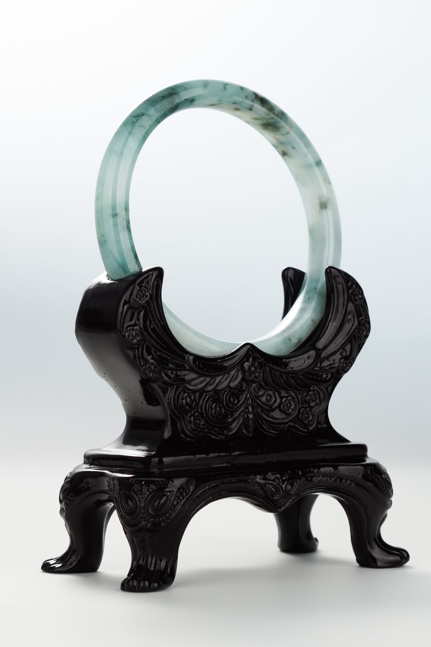 #0064 “Ink Painting" Icy Ink Bluish Green Flower Jadeite Jade Bangle Size 60