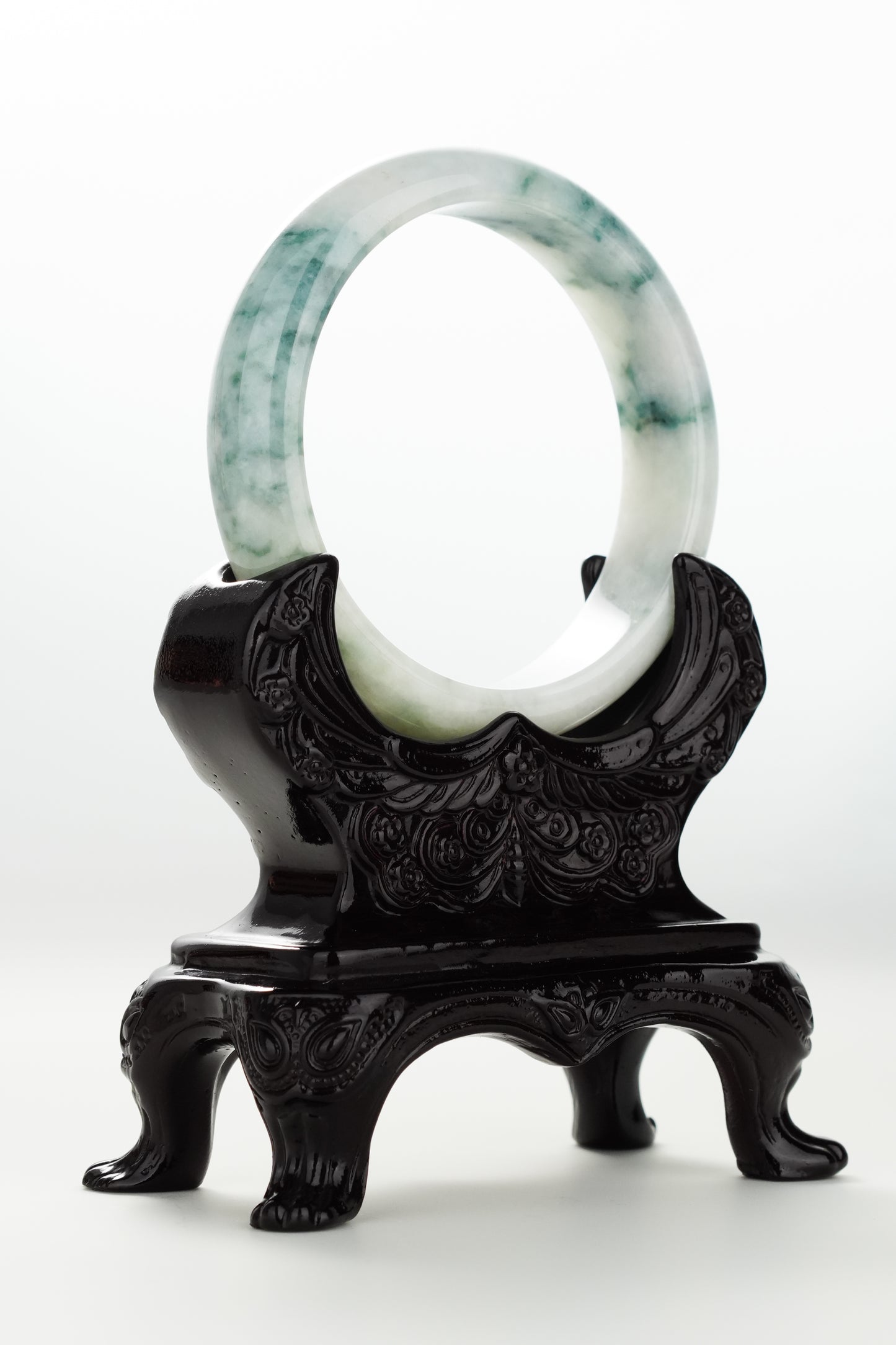 #0074 Bluish Green Flower Jadeite Jade Bangle Size 57.5