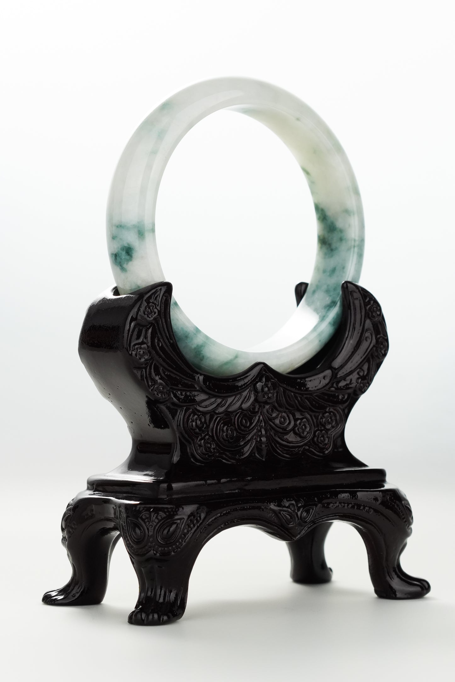 #0074 Bluish Green Flower Jadeite Jade Bangle Size 57.5