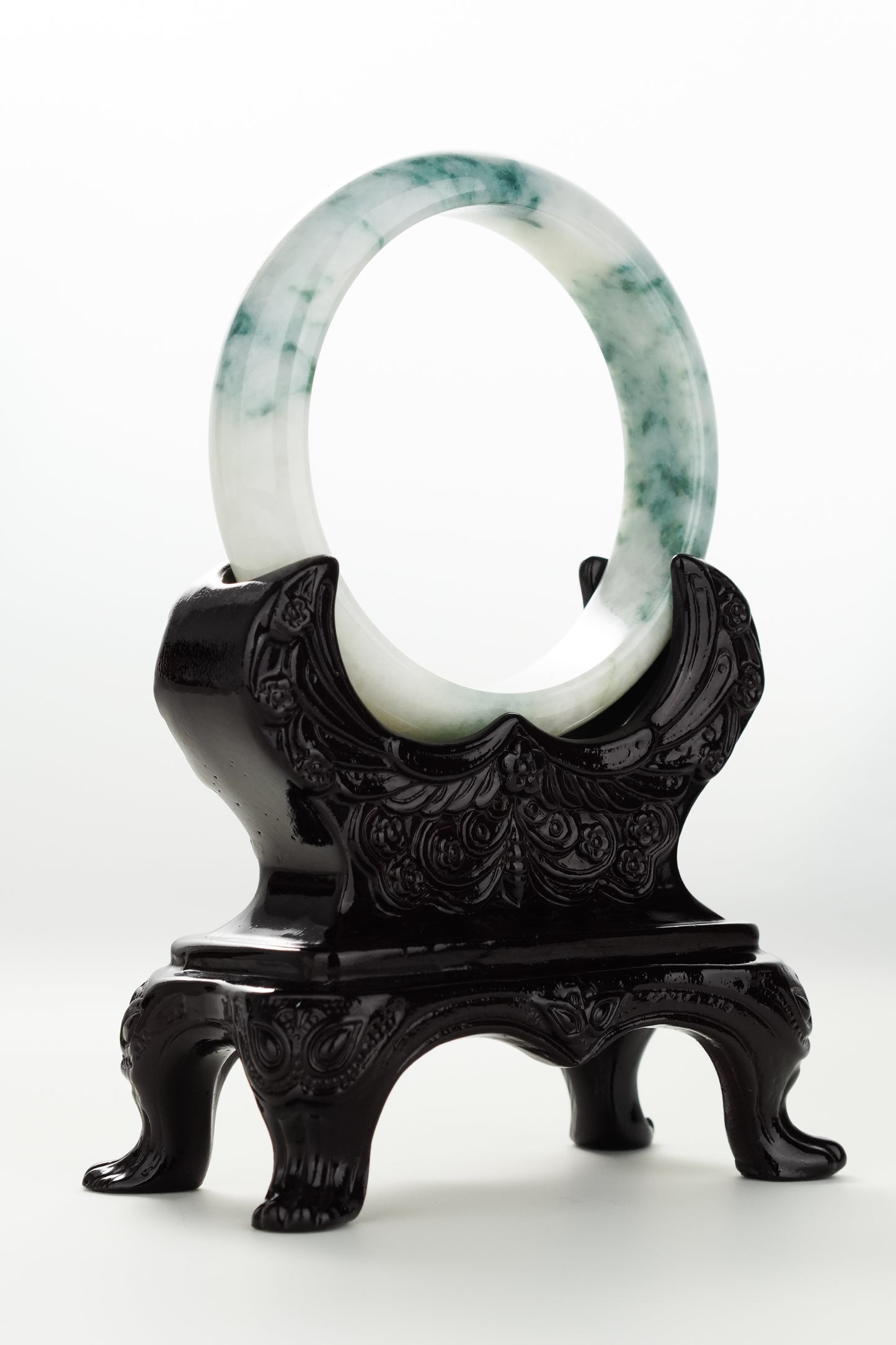 #0074 Bluish Green Flower Jadeite Jade Bangle Size 57.5