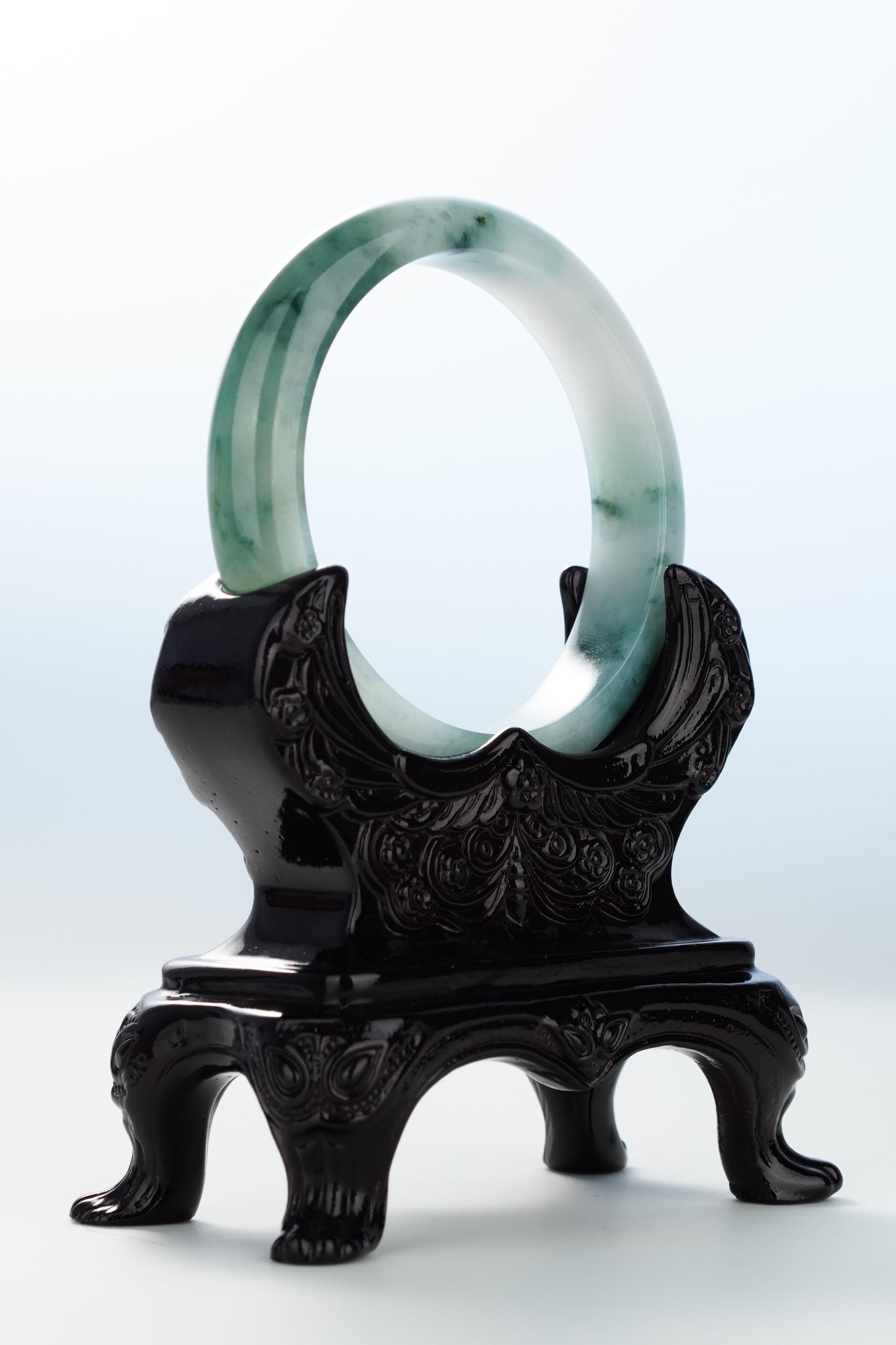 #0119 "Ink Painting" Icy Bluish Green White Jadeite Jade Bangle Size 55.8