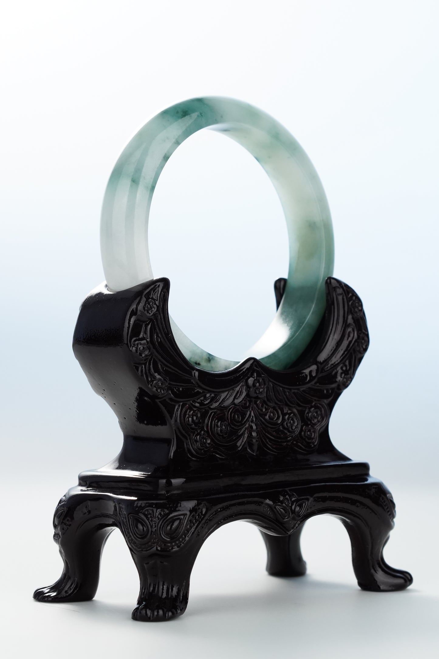 #0119 "Ink Painting" Icy Bluish Green White Jadeite Jade Bangle Size 55.8