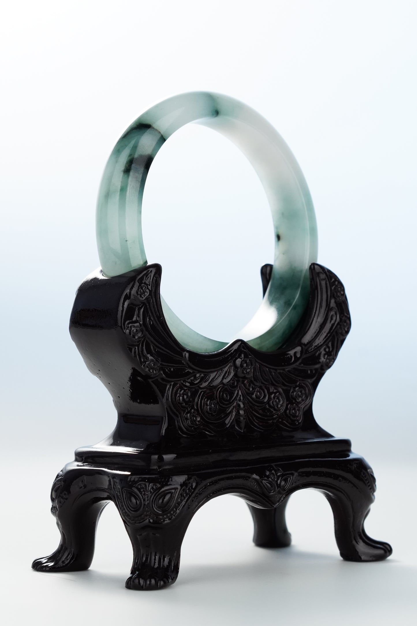 #0119 "Ink Painting" Icy Bluish Green White Jadeite Jade Bangle Size 55.8