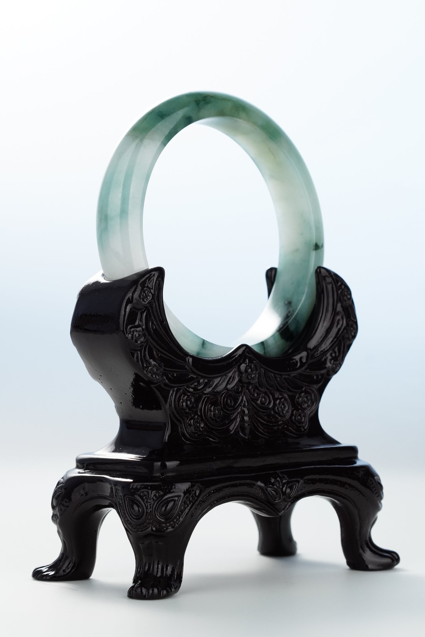 #0119 "Ink Painting" Icy Bluish Green White Jadeite Jade Bangle Size 55.8