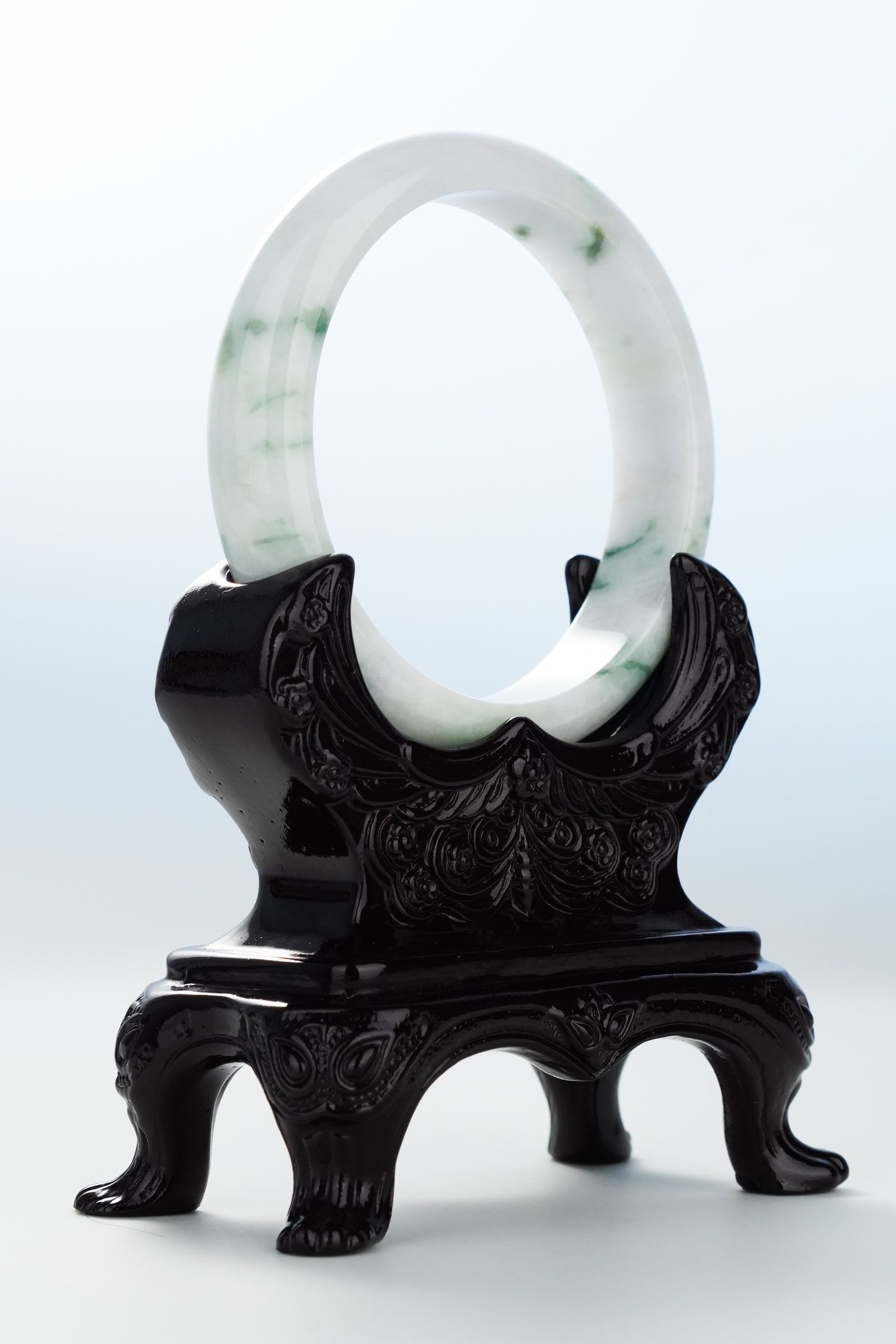 #0124 Green Flower Light Lavender Jadeite Jade Bangle Size 59.1
