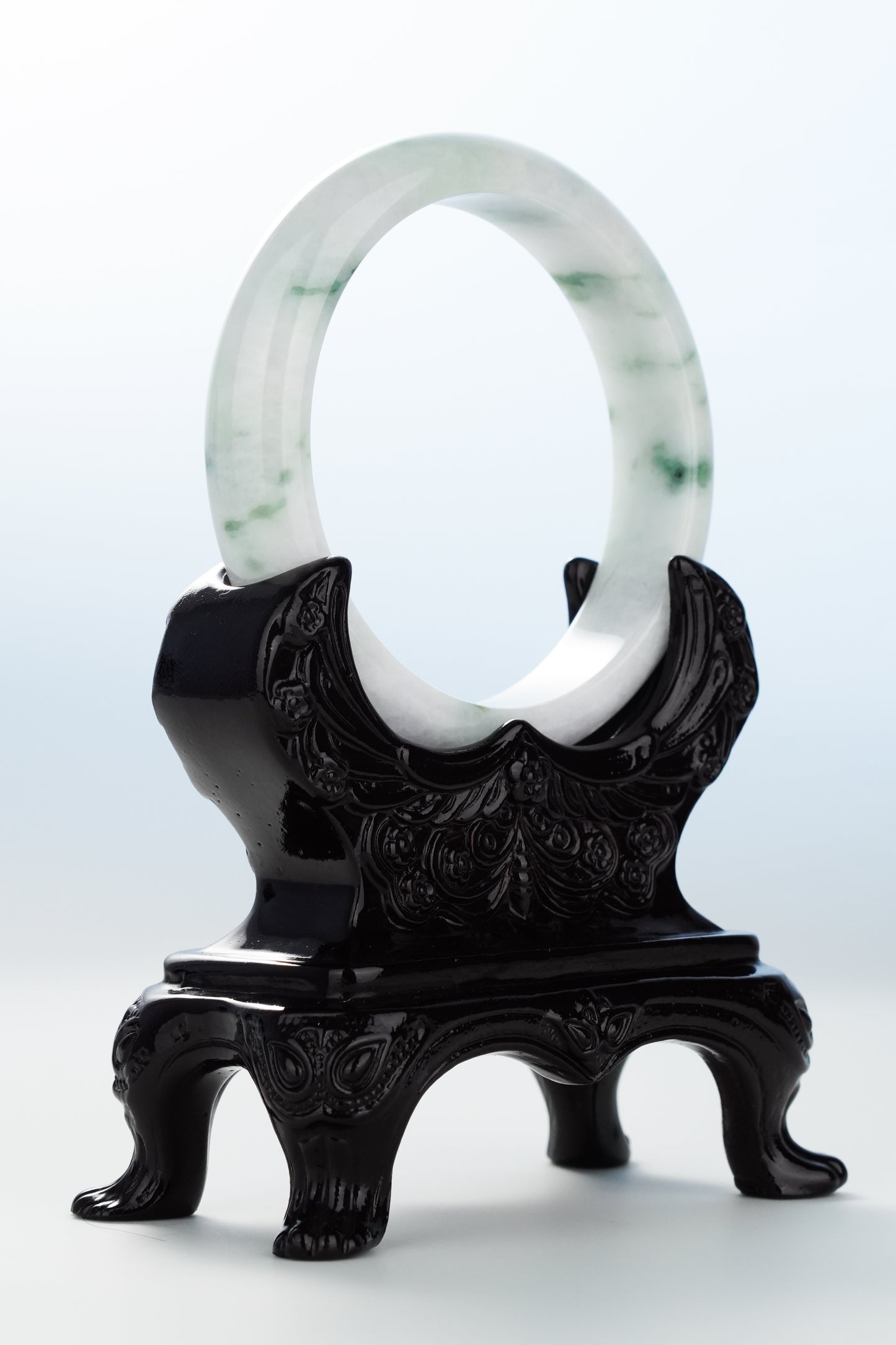 #0124 Green Flower Light Lavender Jadeite Jade Bangle Size 59.1