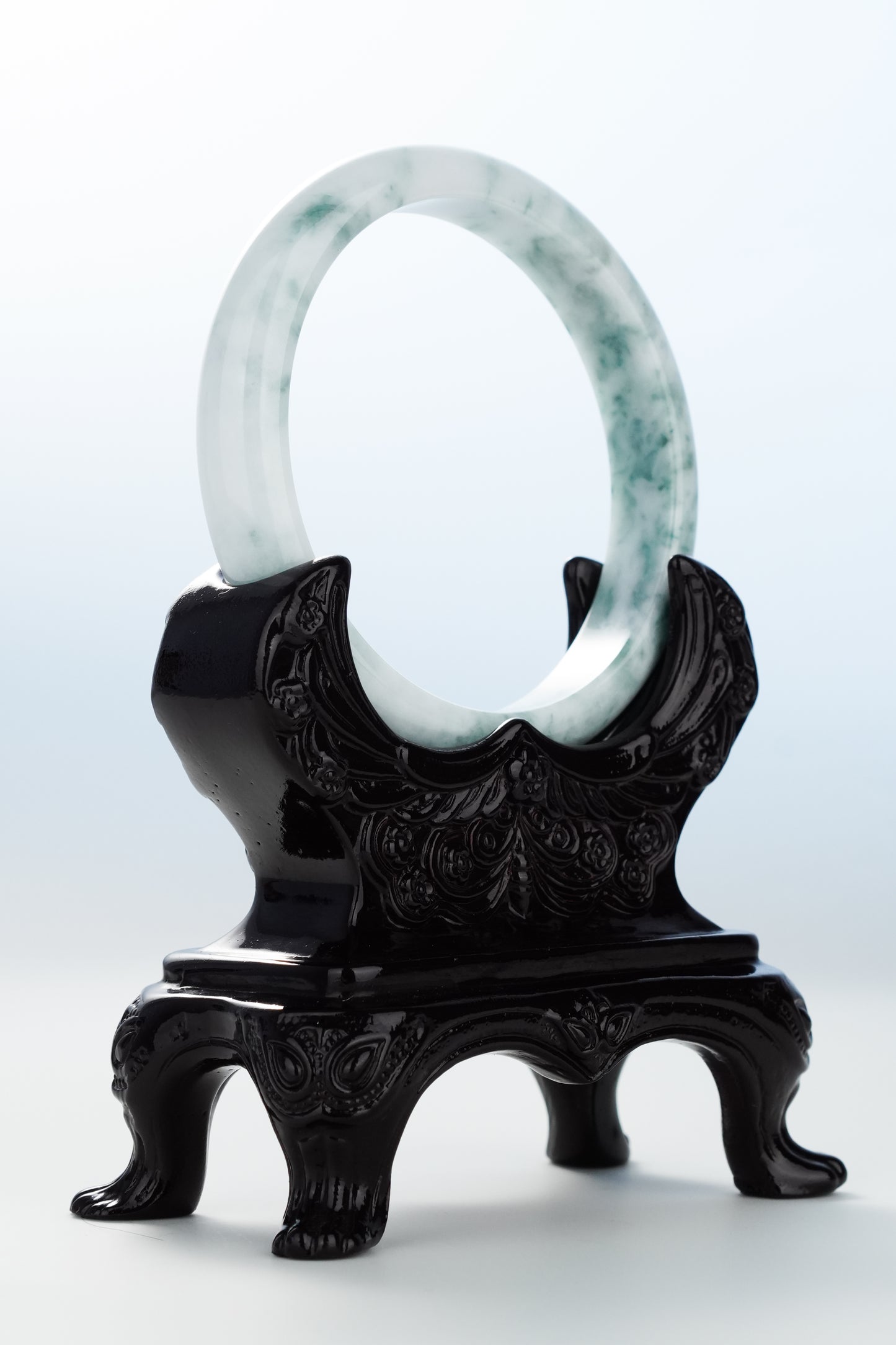 #0126 "Spilled Ink" Bluish Green Flower White Jadeite Jade Bangle Size 60
