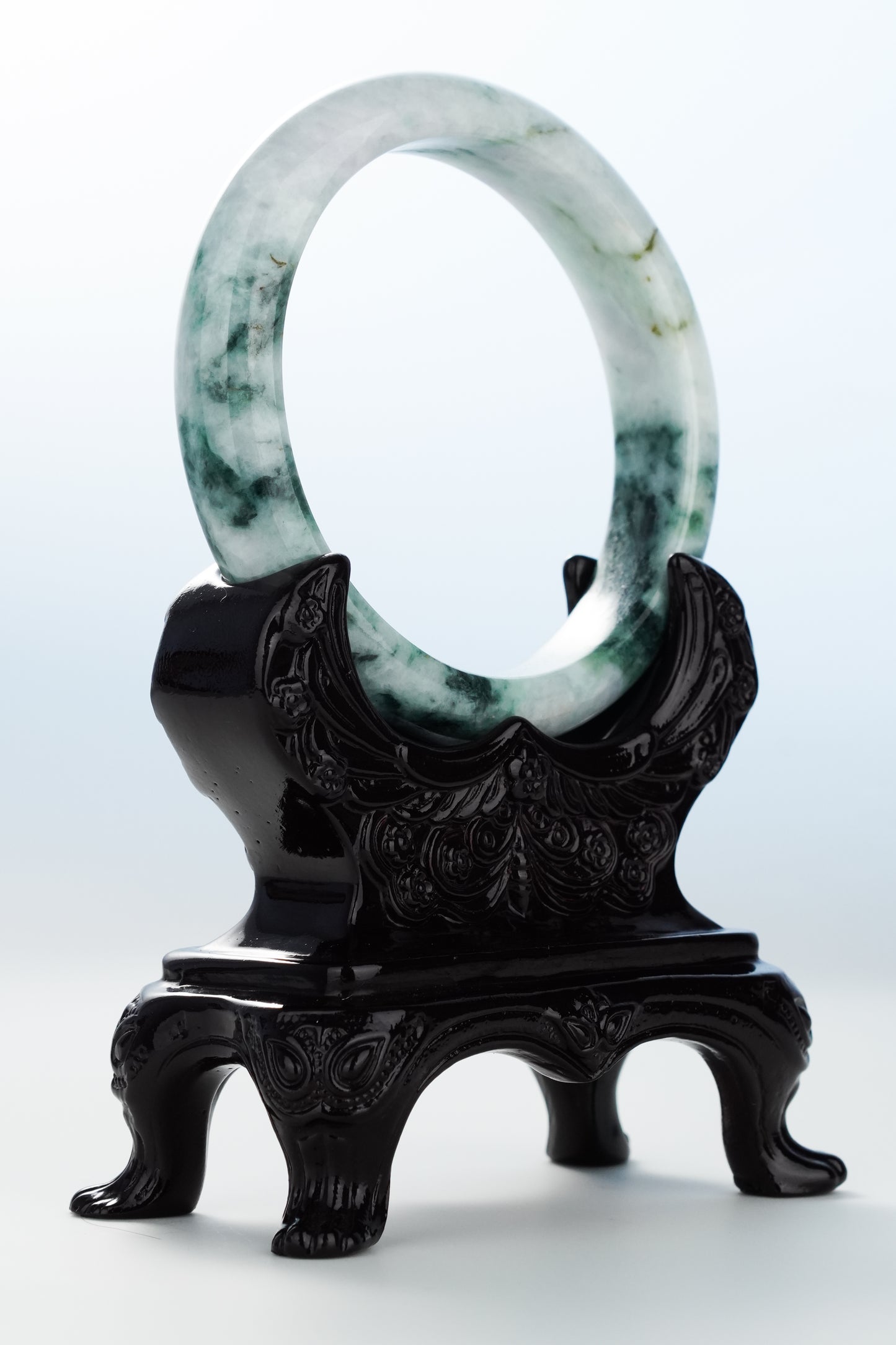 #0130 Dark Green Black Flower Jadeite Jade Bangle Size 62.3