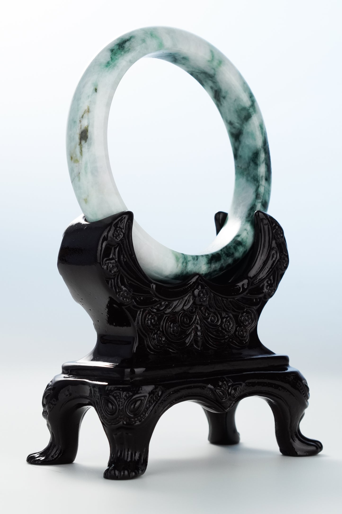 #0130 Dark Green Black Flower Jadeite Jade Bangle Size 62.3