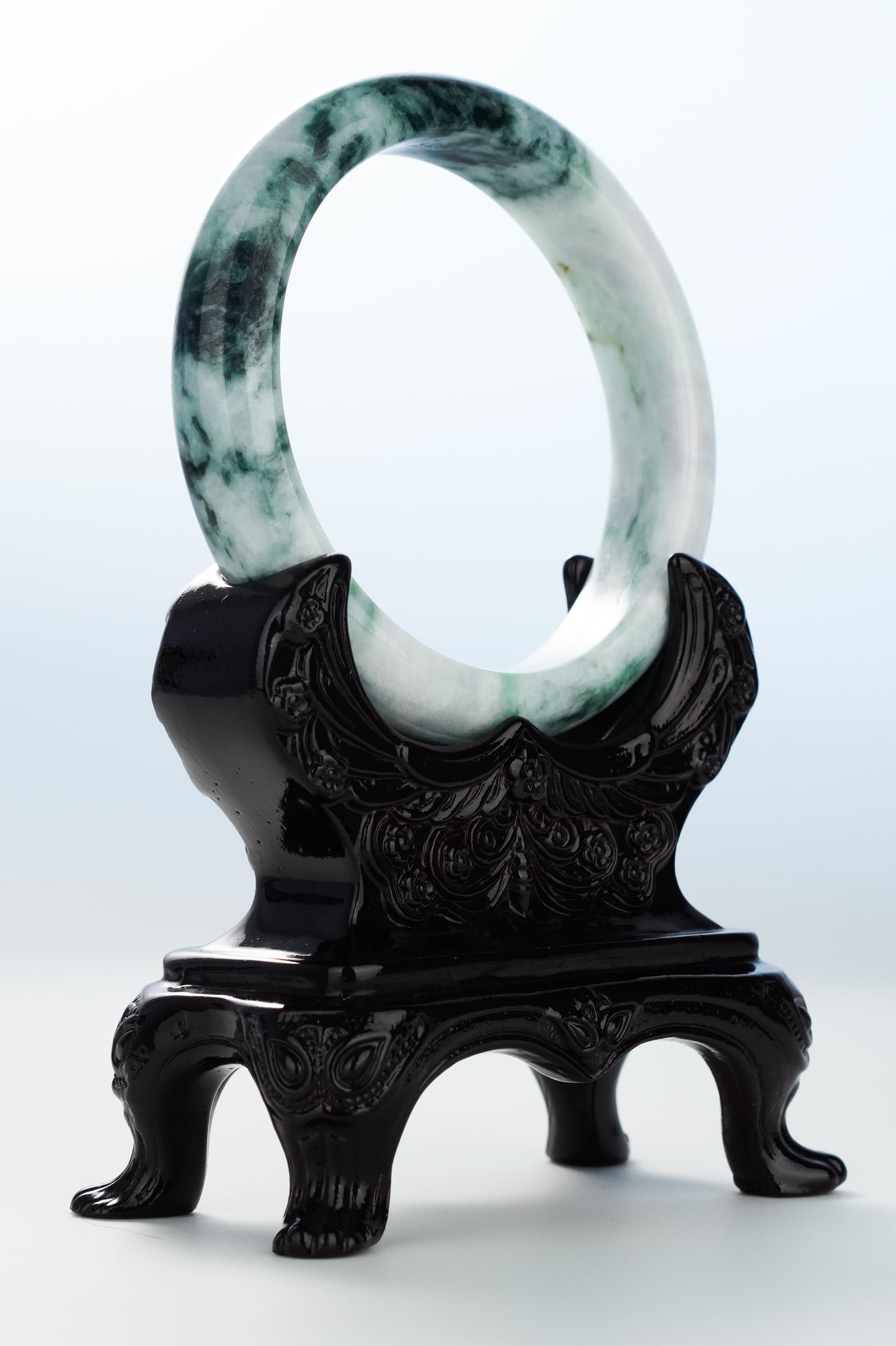 #0130 Dark Green Black Flower Jadeite Jade Bangle Size 62.3