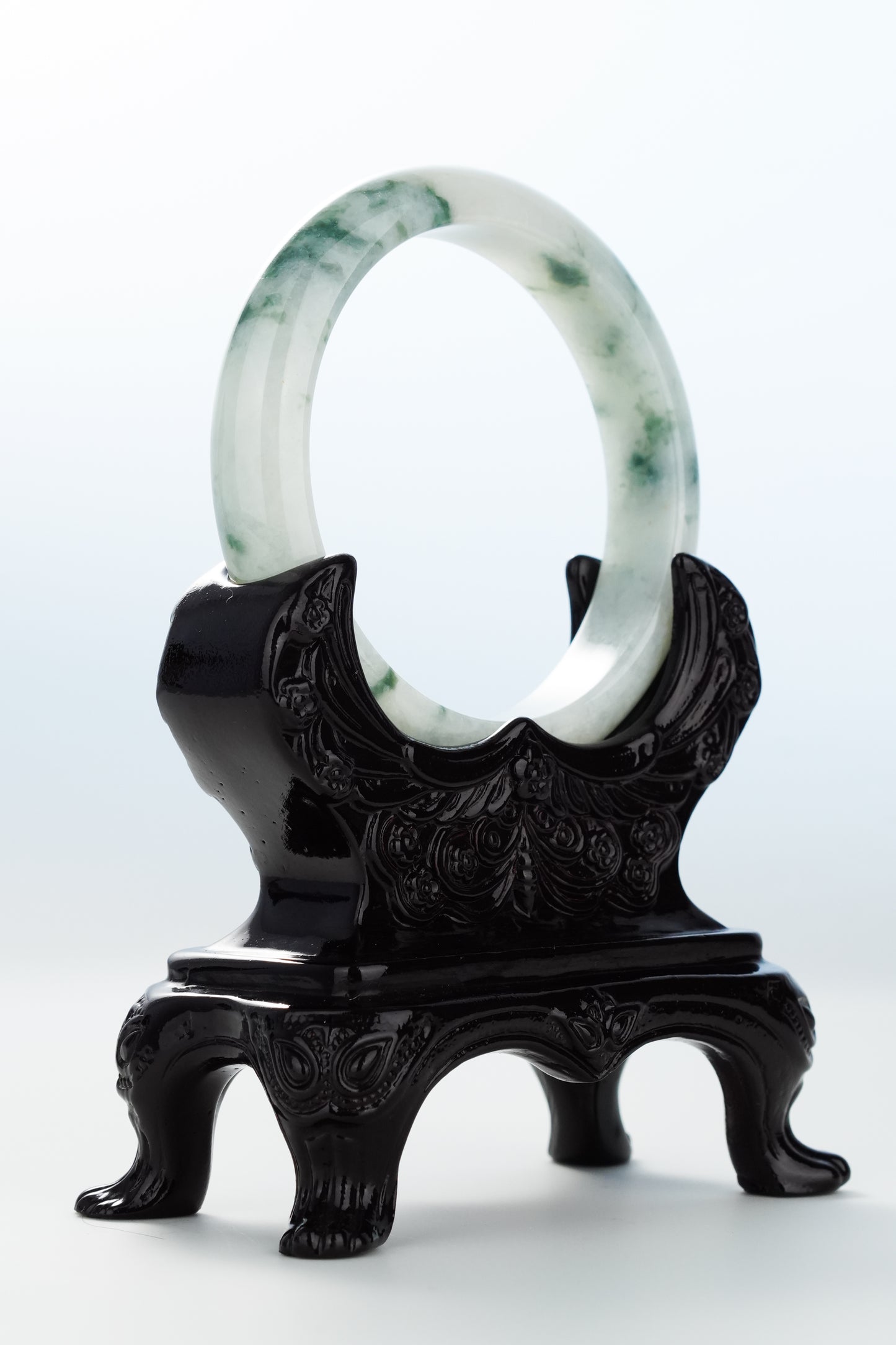 #0136 Icy Bluish Green Flower White Jadeite Jade Bangle Size 57.2
