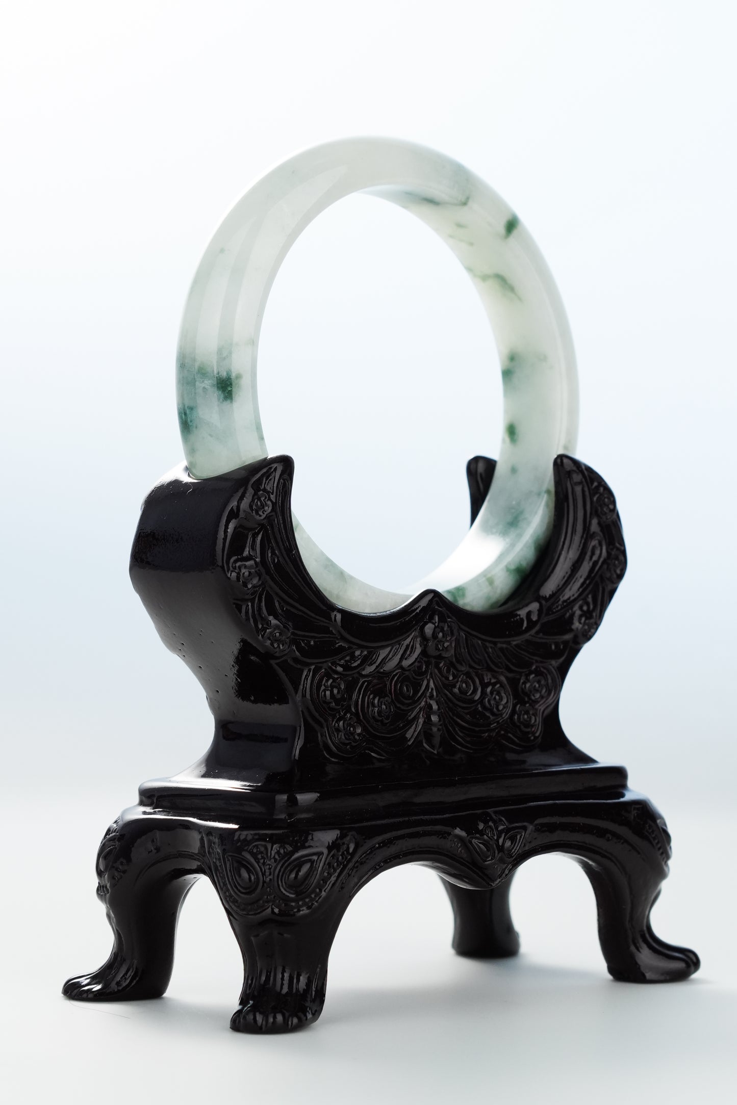 #0136 Icy Bluish Green Flower White Jadeite Jade Bangle Size 57.2