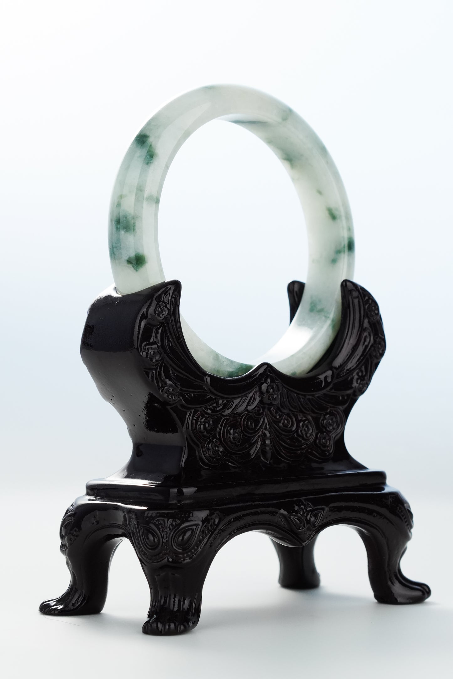 #0136 Icy Bluish Green Flower White Jadeite Jade Bangle Size 57.2