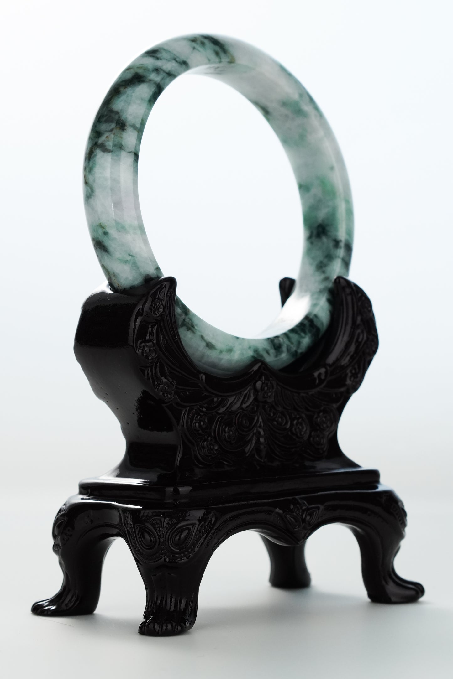 #0170 Dark Green White Black Flower Jadeite Jade Bangle Size 62.3