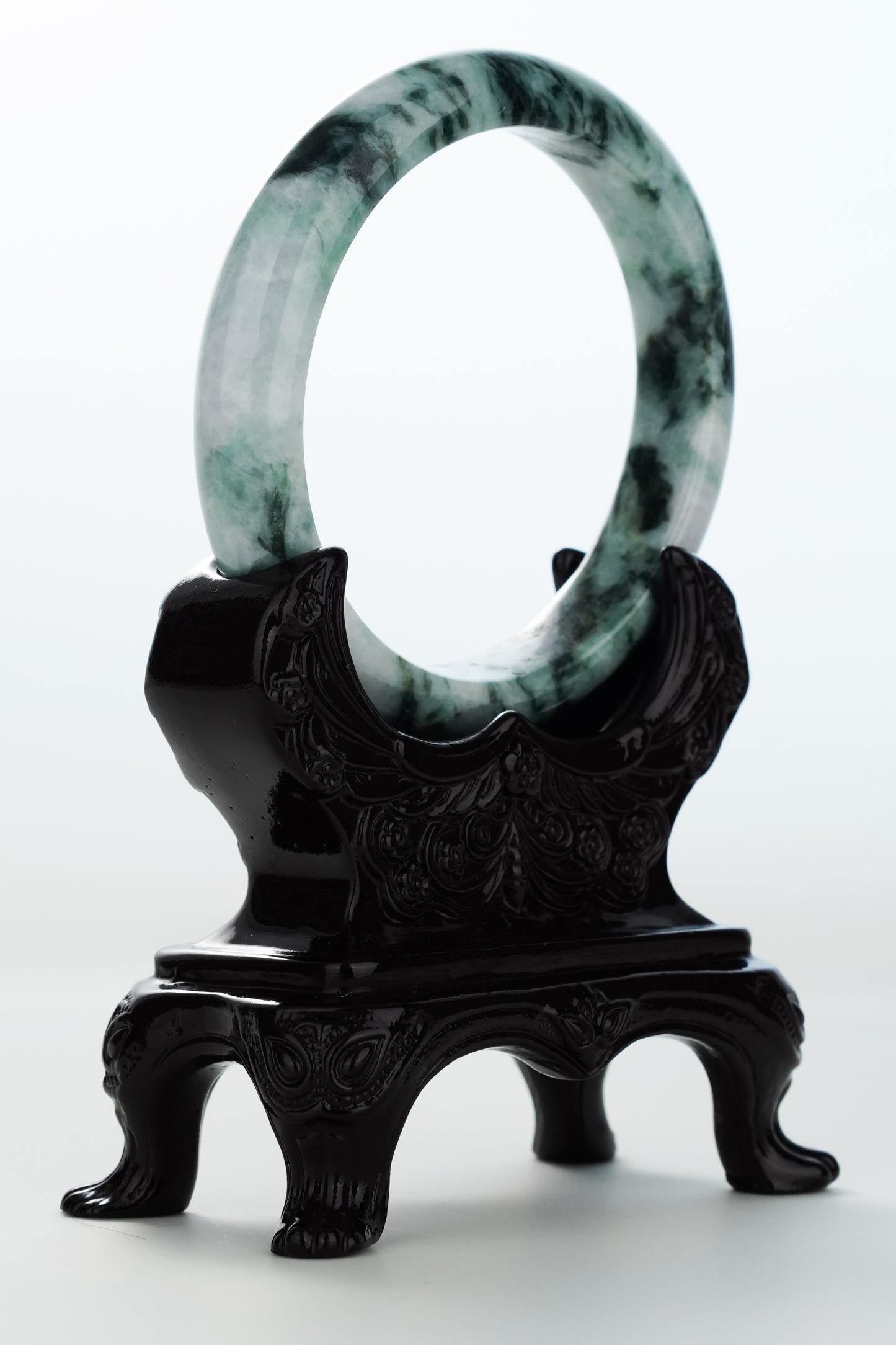 #0170 Dark Green White Black Flower Jadeite Jade Bangle Size 62.3