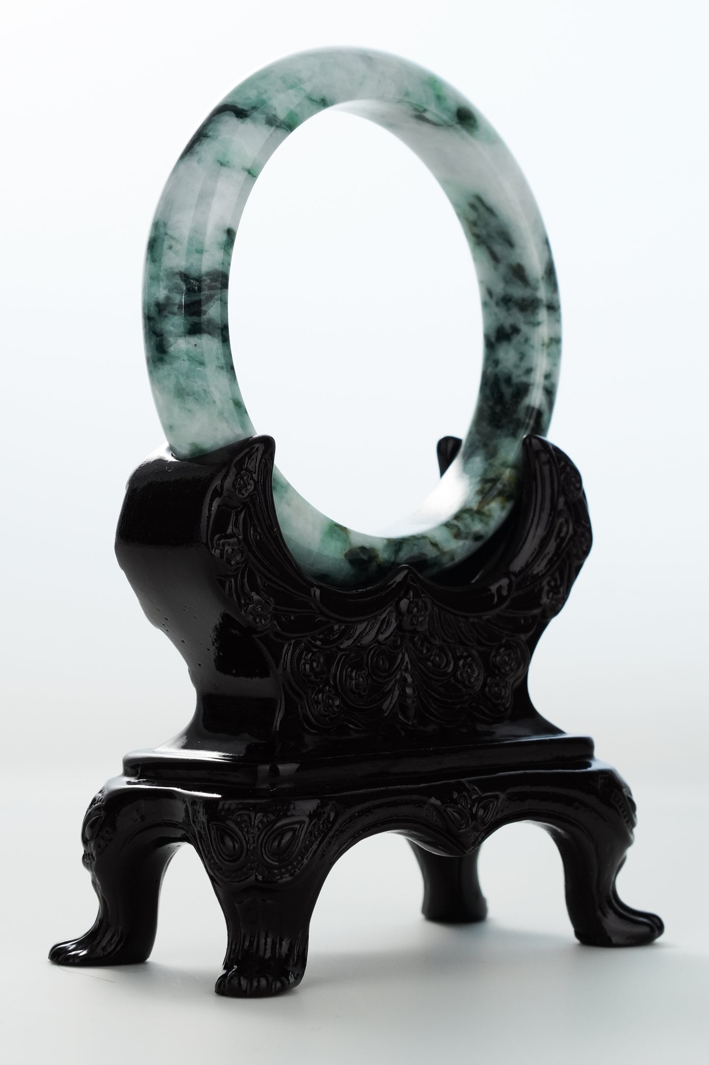 #0170 Dark Green White Black Flower Jadeite Jade Bangle Size 62.3