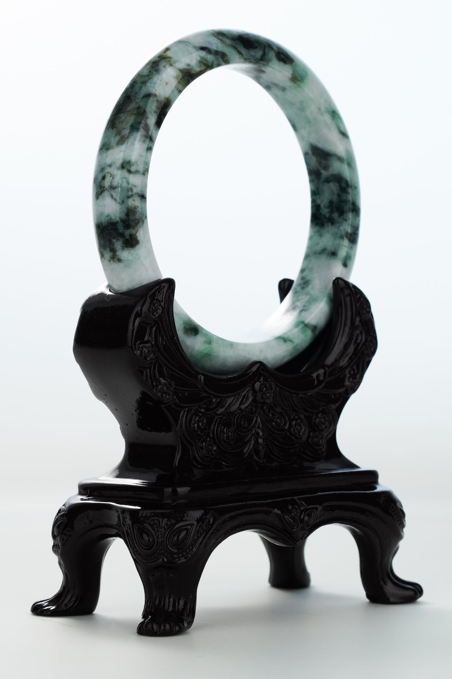 #0170 Dark Green White Black Flower Jadeite Jade Bangle Size 62.3
