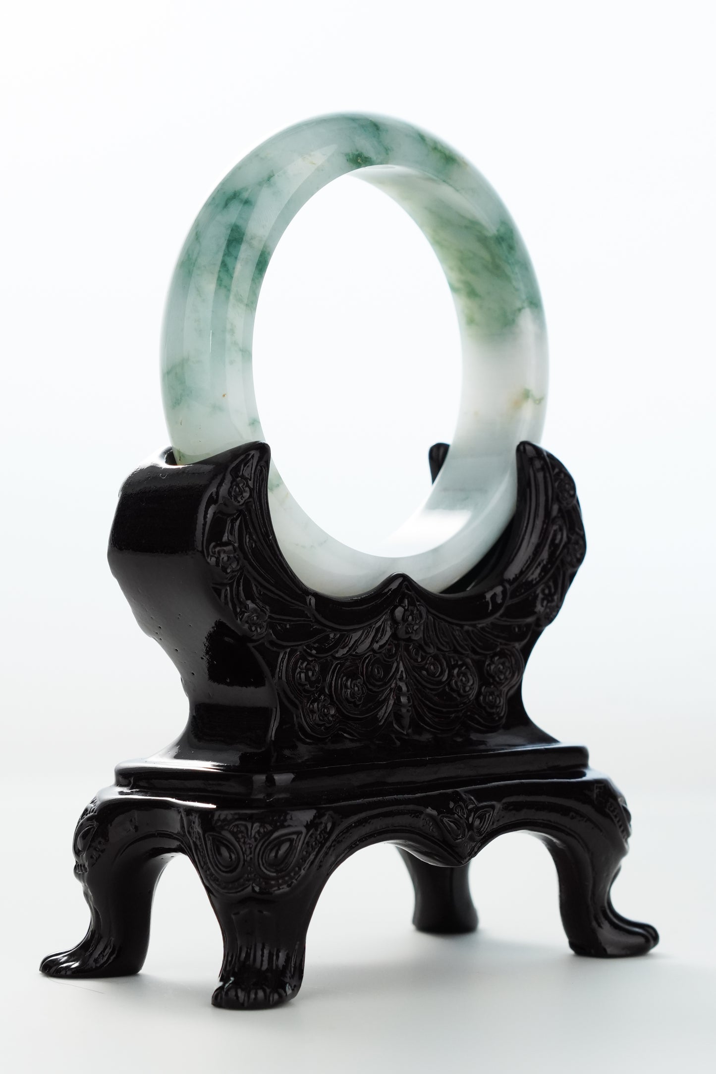 #0173 Bluish Green Flower Milky White Jadeite Jade Bangle Size 55.8