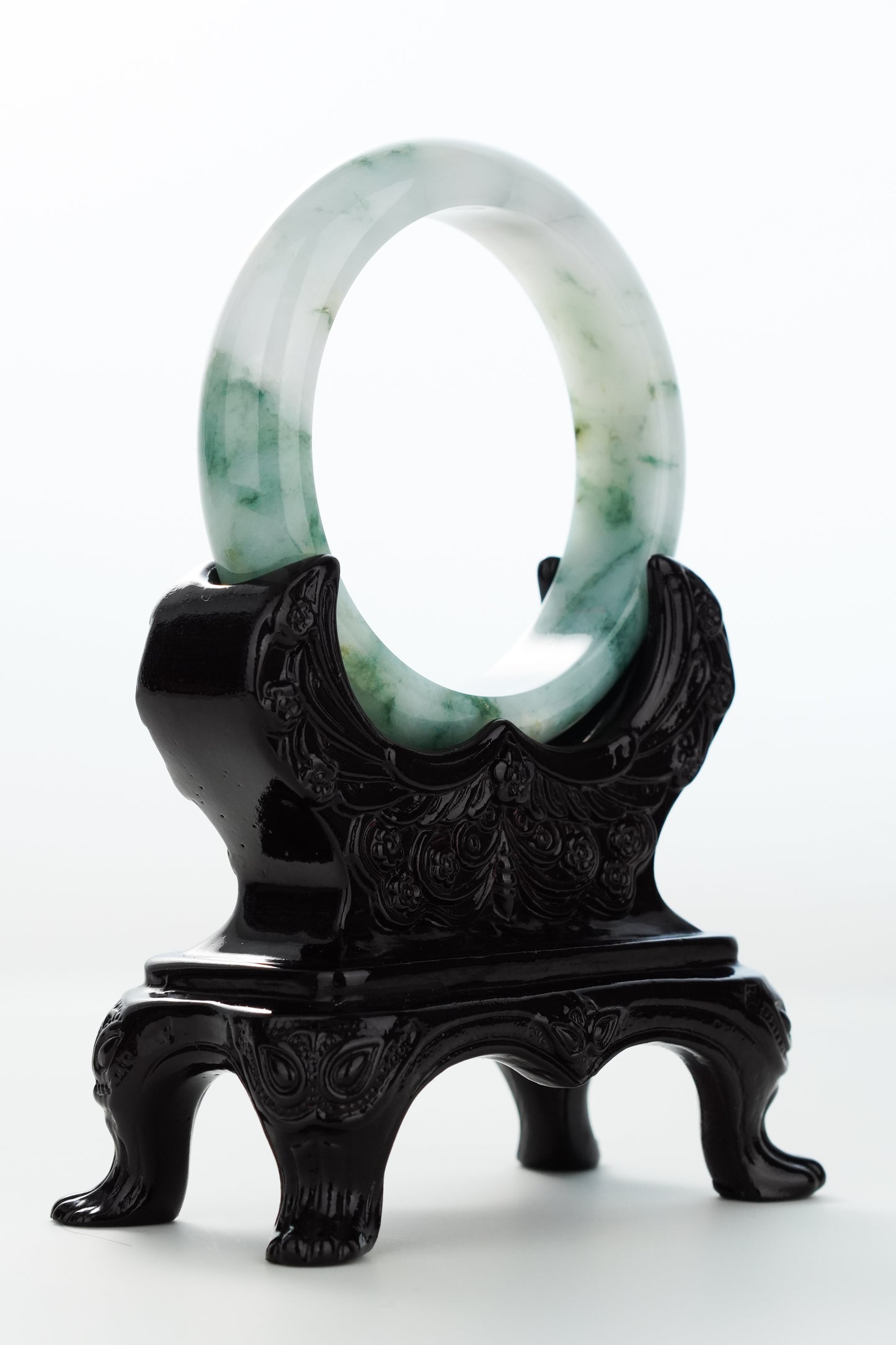 #0173 Bluish Green Flower Milky White Jadeite Jade Bangle Size 55.8