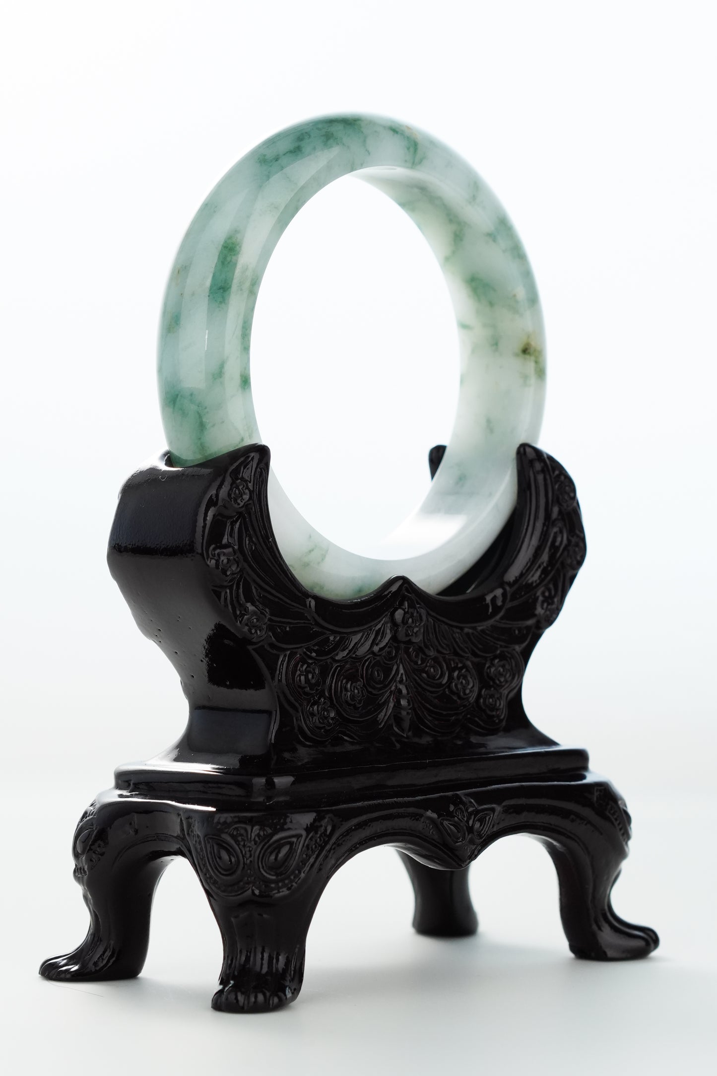 #0173 Bluish Green Flower Milky White Jadeite Jade Bangle Size 55.8
