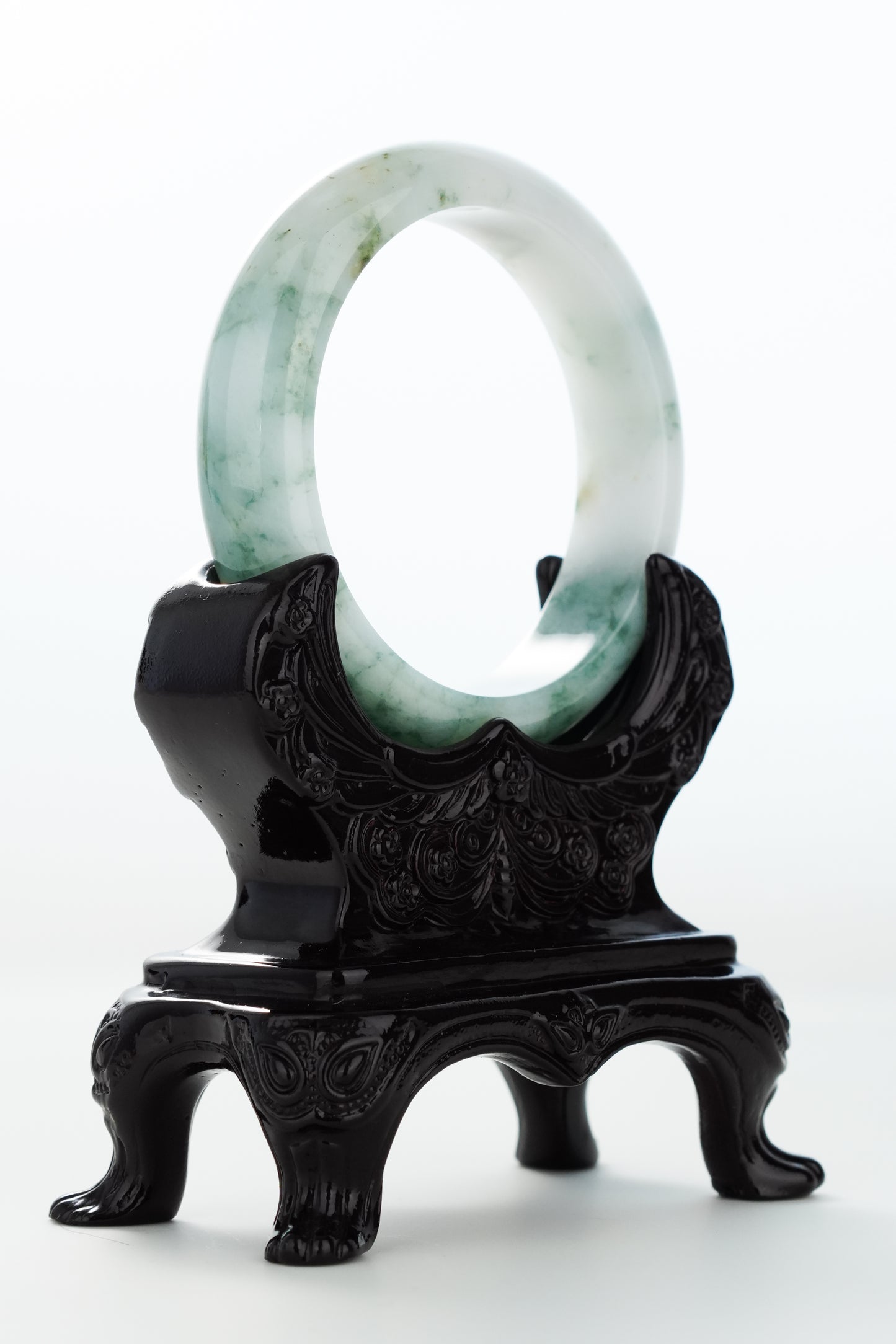 #0173 Bluish Green Flower Milky White Jadeite Jade Bangle Size 55.8
