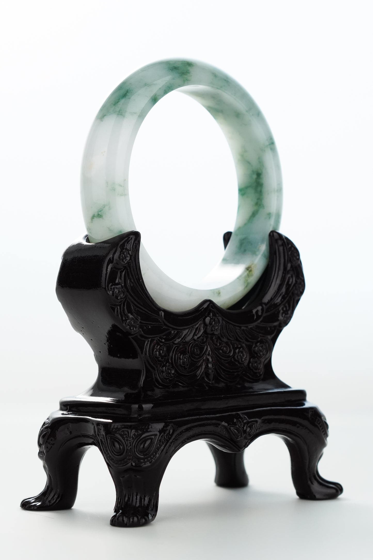 #0173 Bluish Green Flower Milky White Jadeite Jade Bangle Size 55.8
