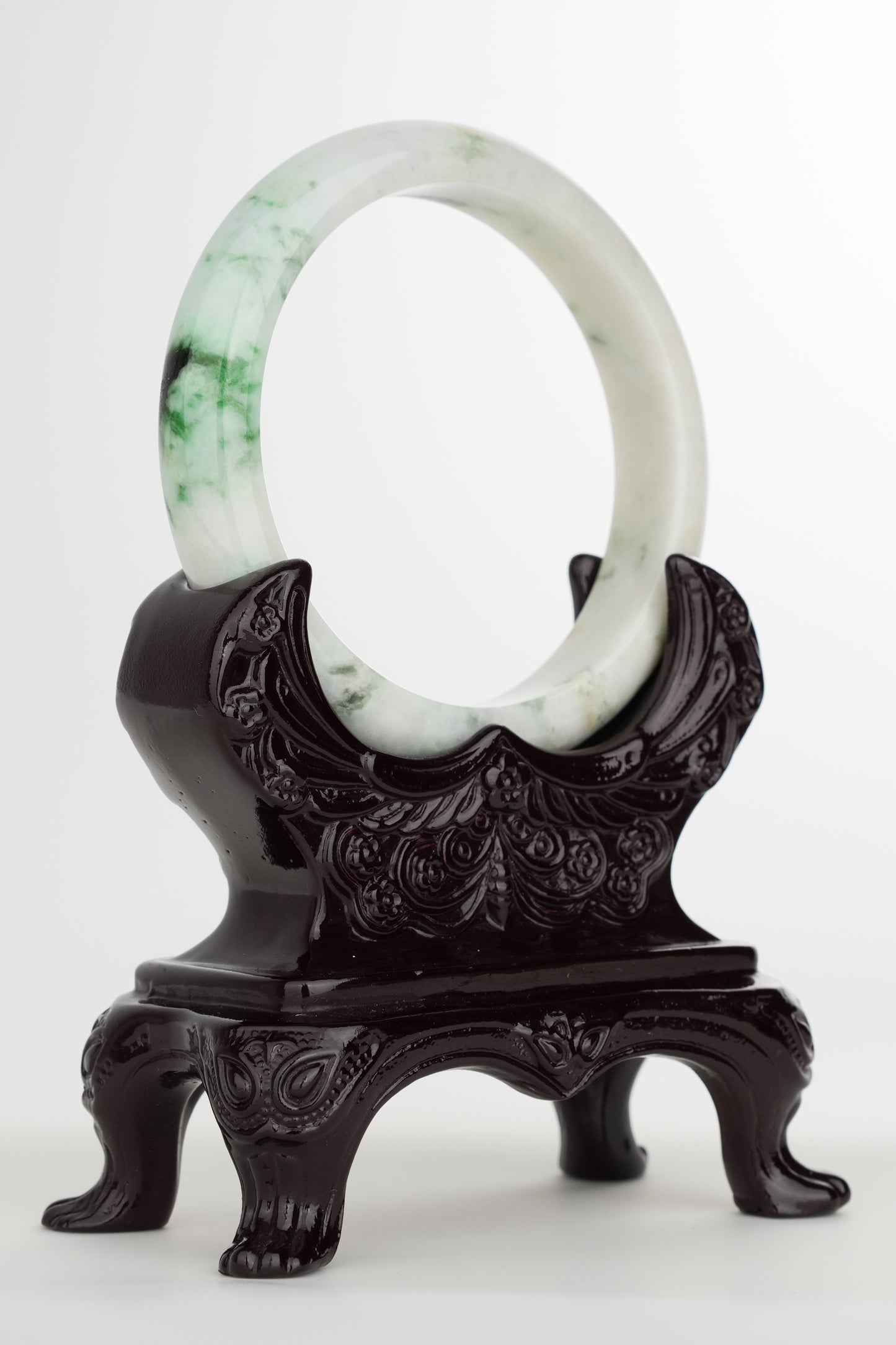 #0244 White Green Flower Jade Bangle Size 59.1