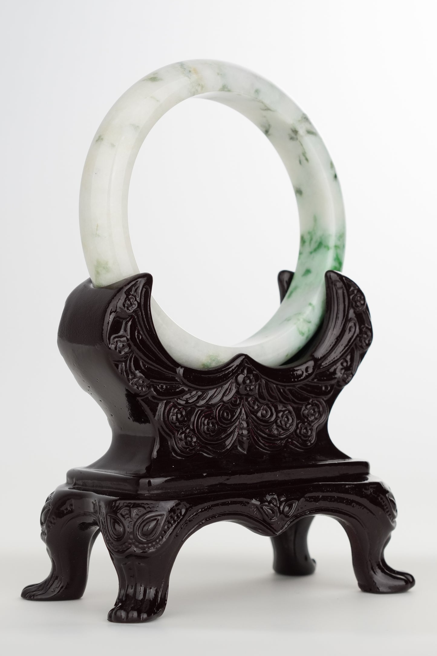 #0244 White Green Flower Jade Bangle Size 59.1