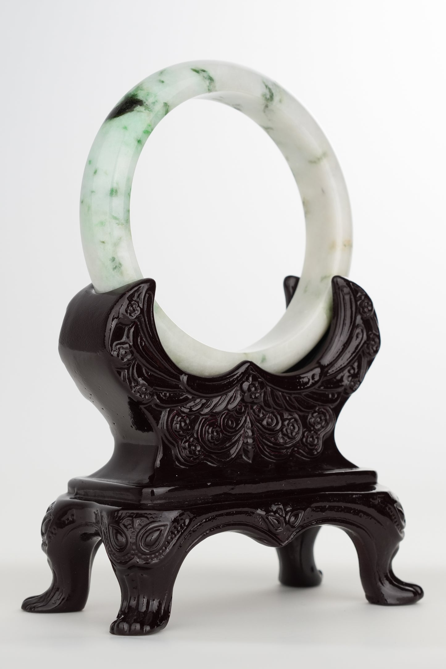 #0244 White Green Flower Jade Bangle Size 59.1