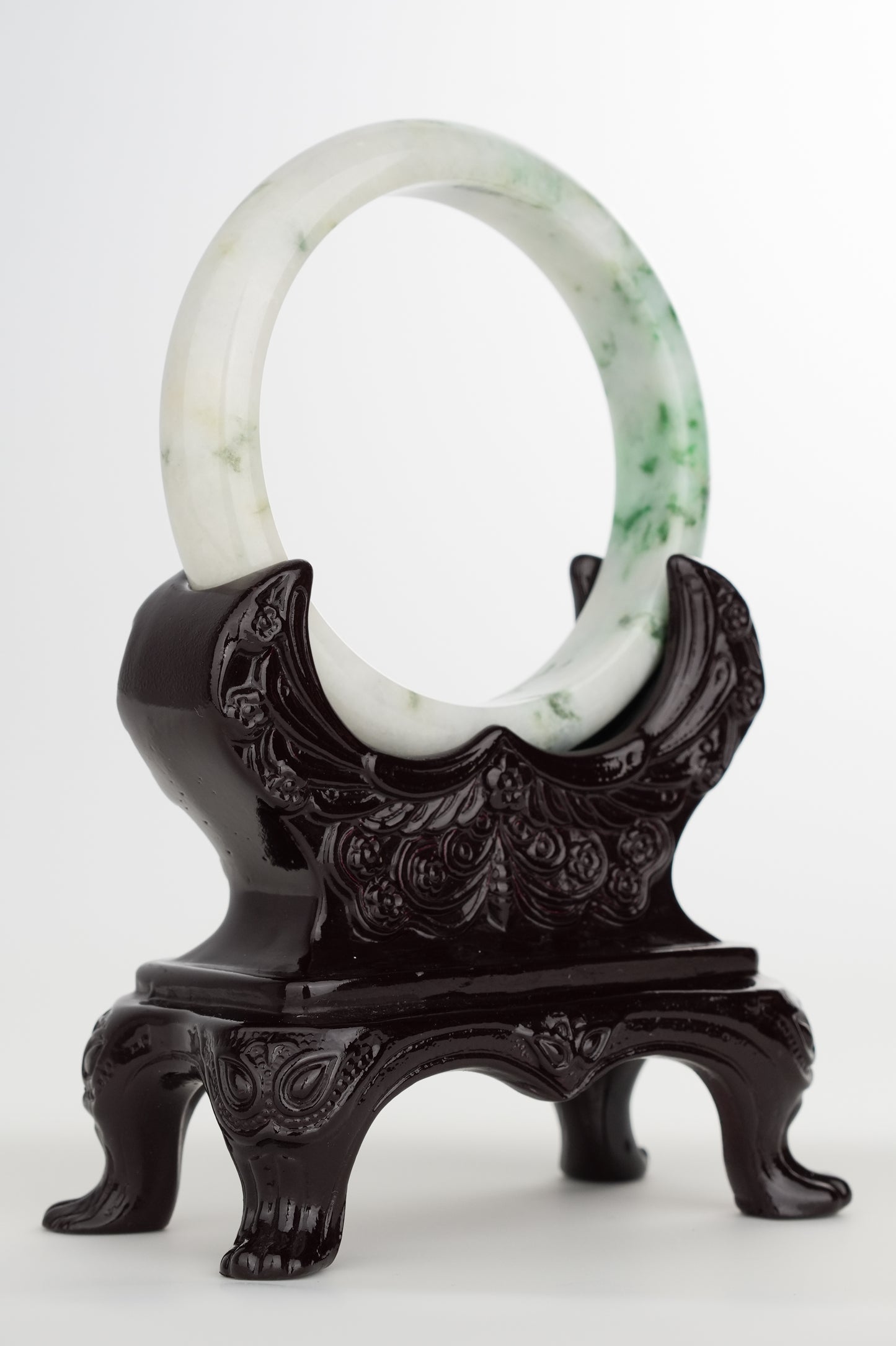 #0244 White Green Flower Jade Bangle Size 59.1