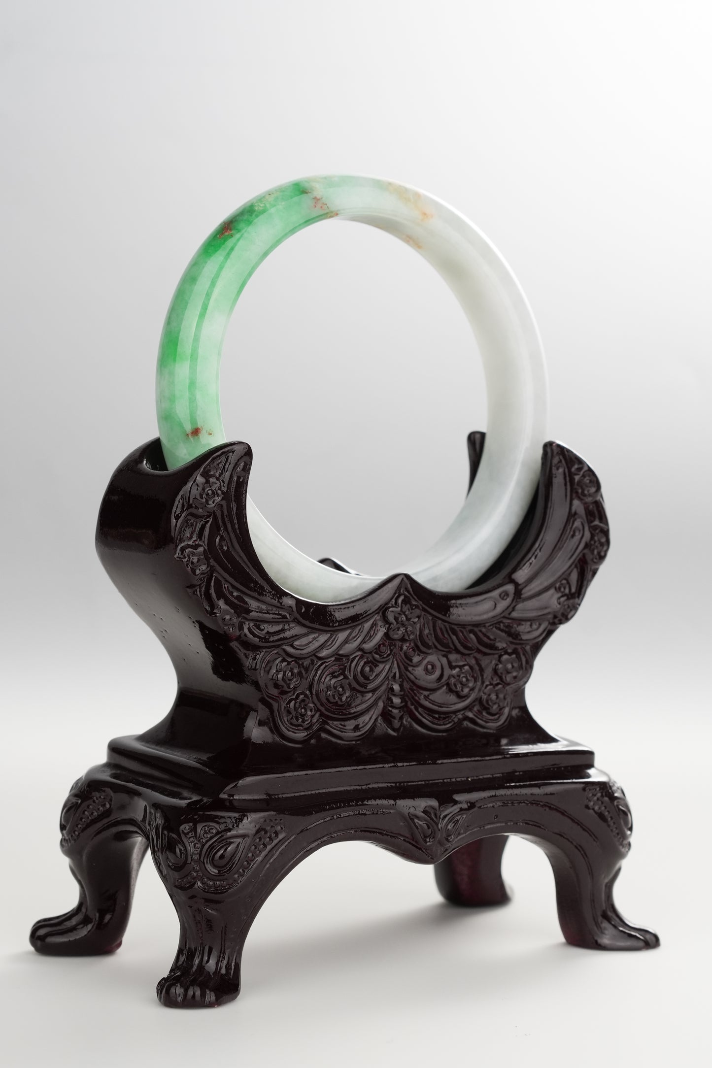 #0255 Sun Green White Red Spot Jade Bangle Size 52.5