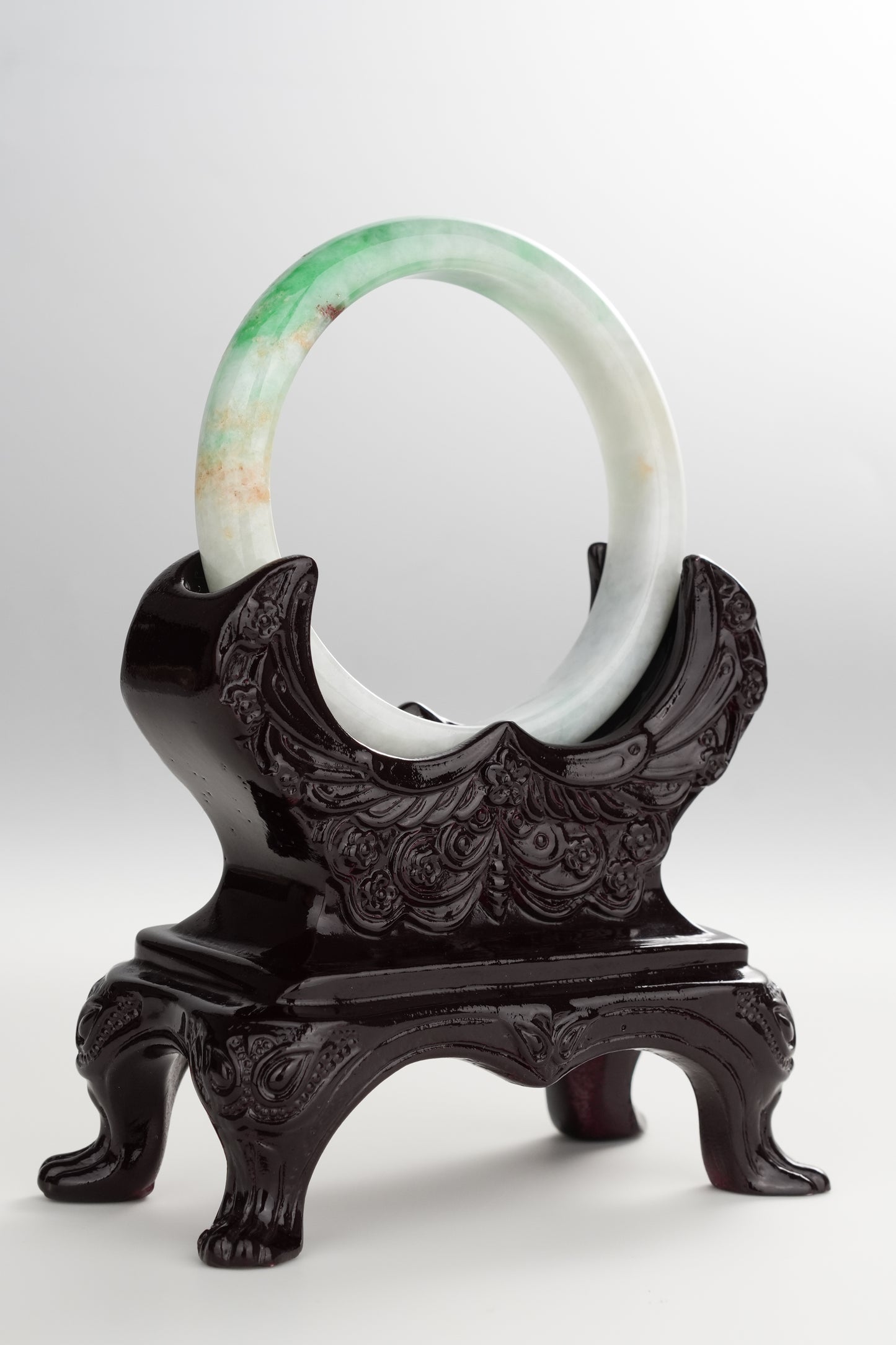 #0255 Sun Green White Red Spot Jade Bangle Size 52.5