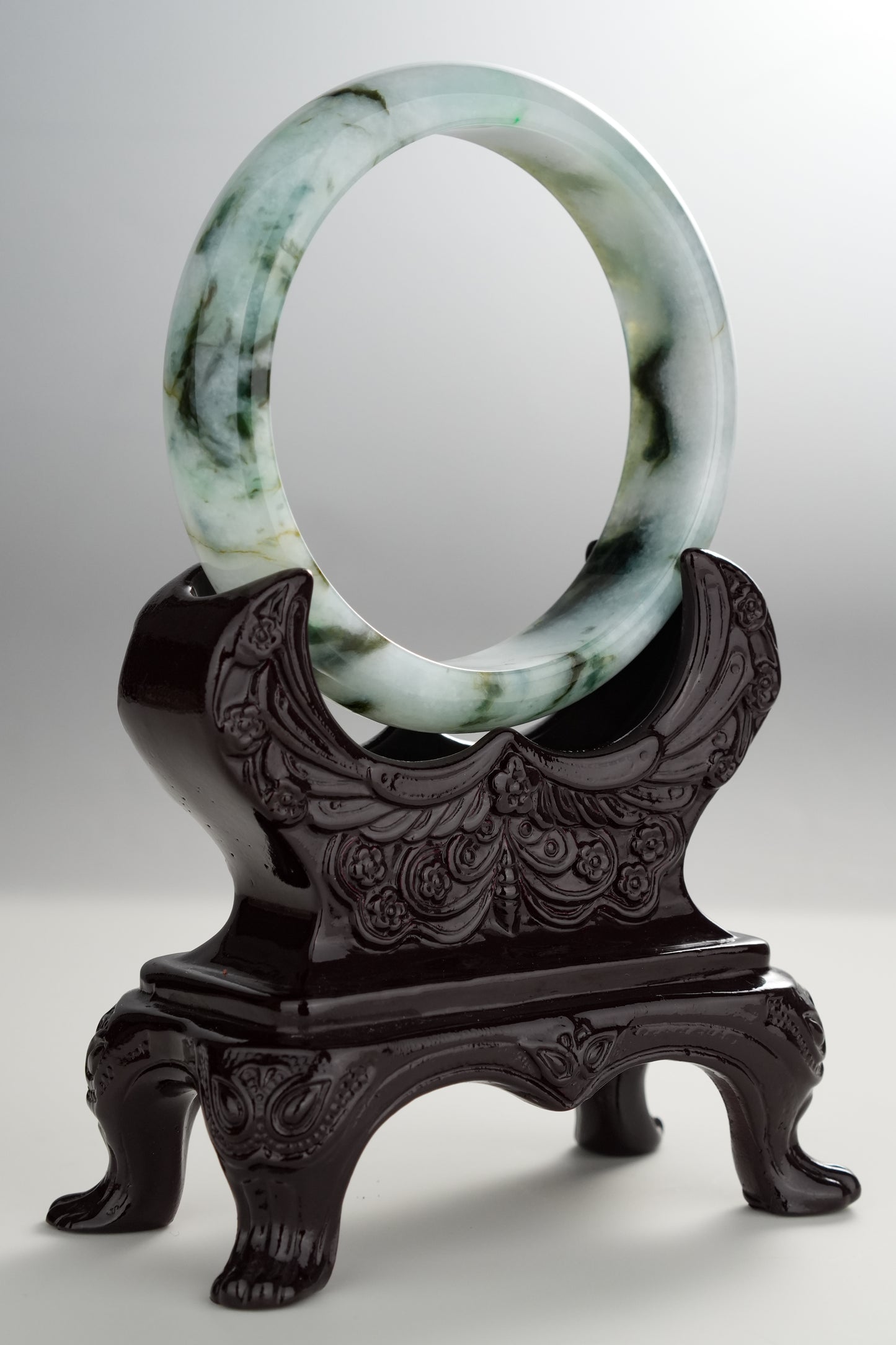 #0277 Green Yellow Black Flower Jade Bangle Size 59.5