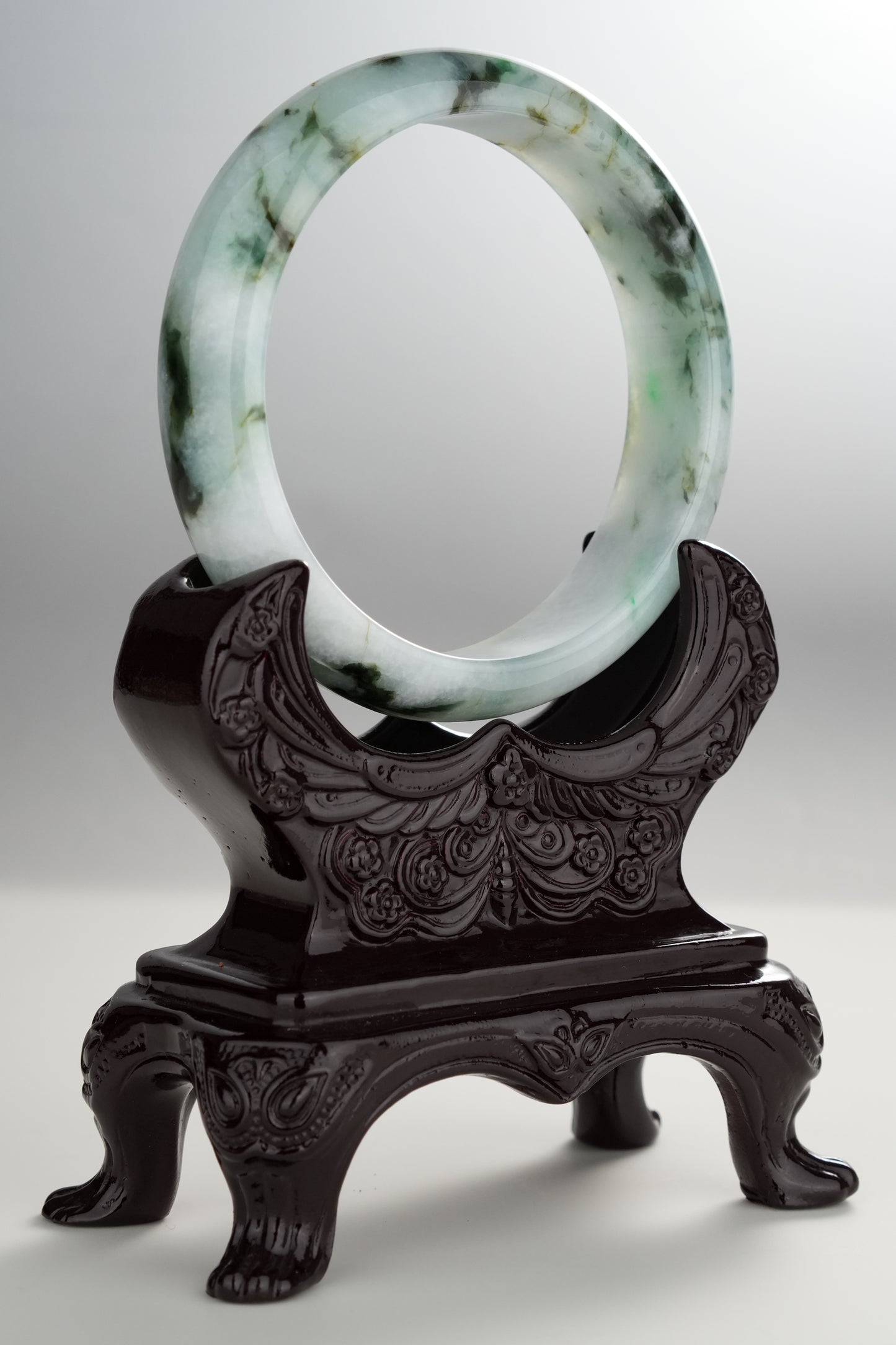 #0277 Green Yellow Black Flower Jade Bangle Size 59.5