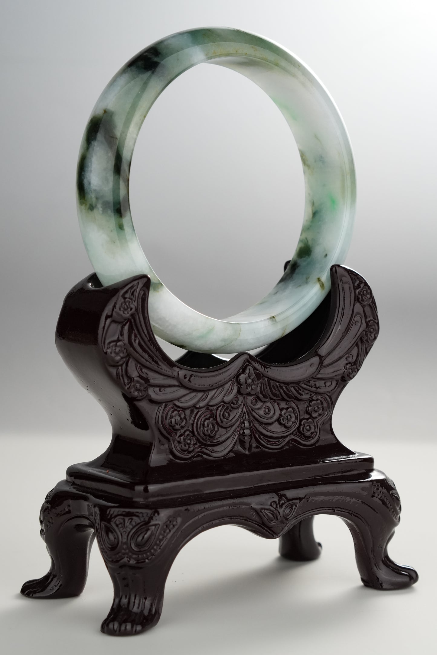 #0277 Green Yellow Black Flower Jade Bangle Size 59.5