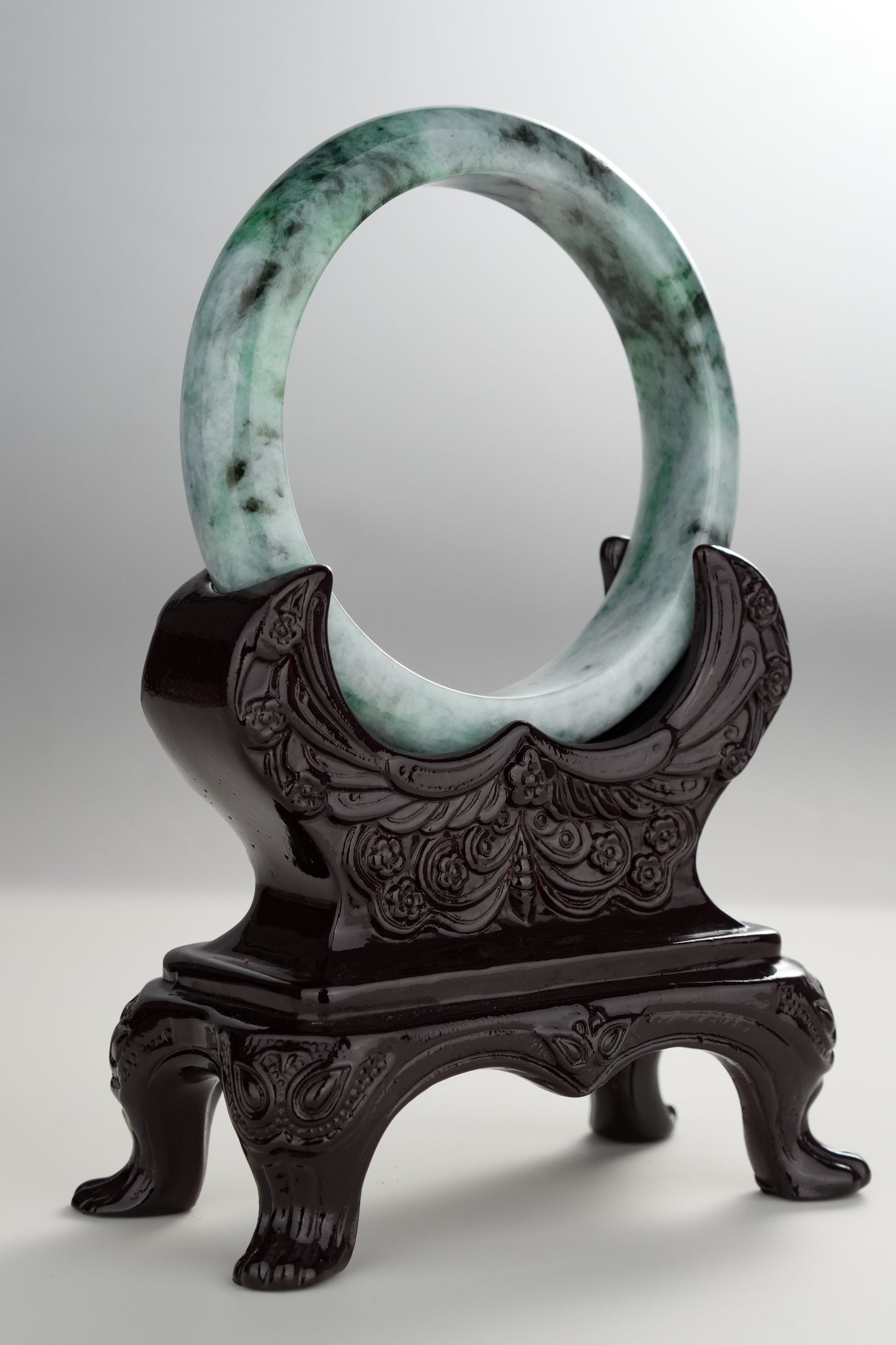 #0280 Dark Green Flower Jade Bangle Size 58.4