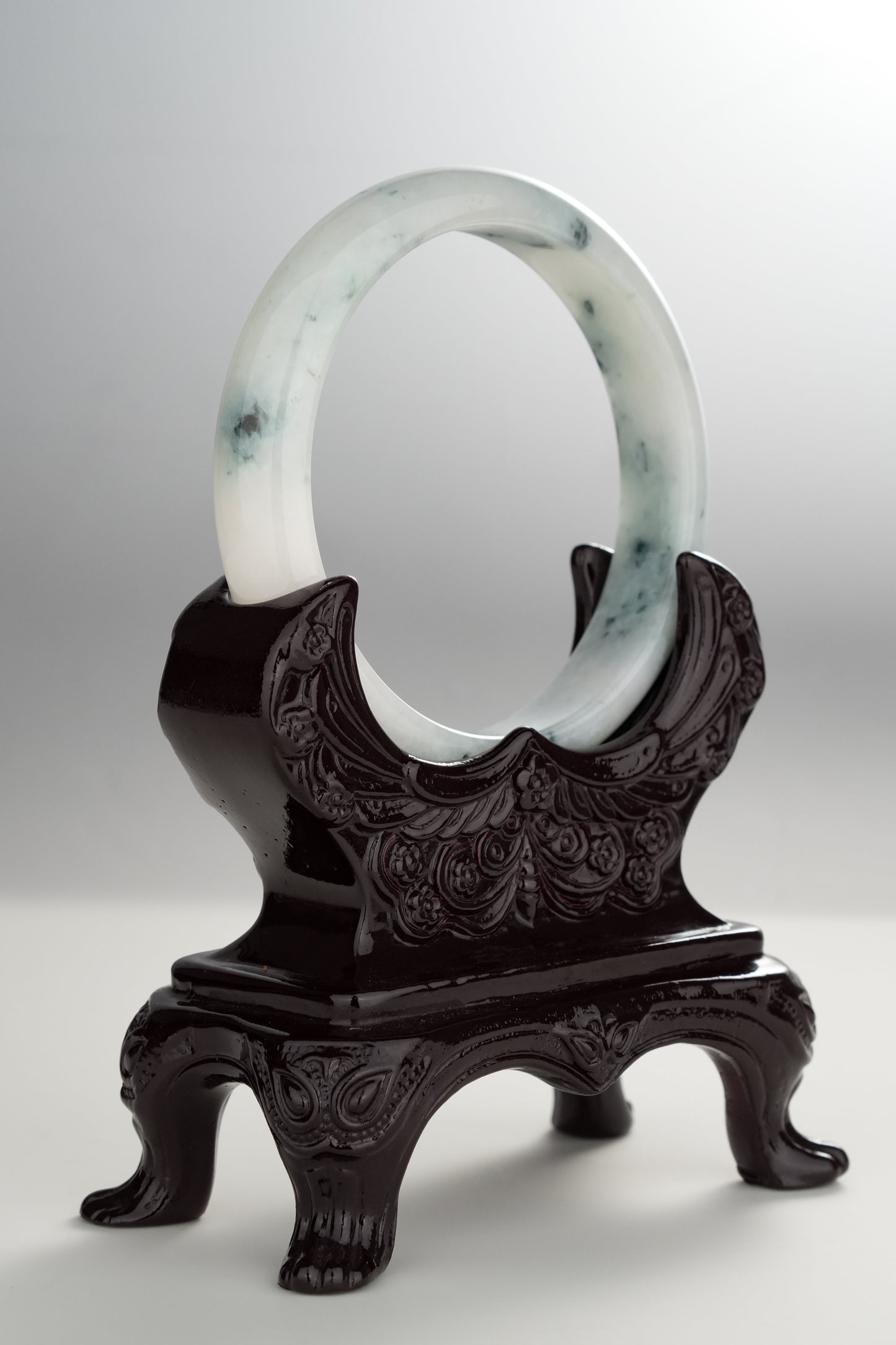 #0301 Rich Blue Flower White Jade Bangle Size 58.5
