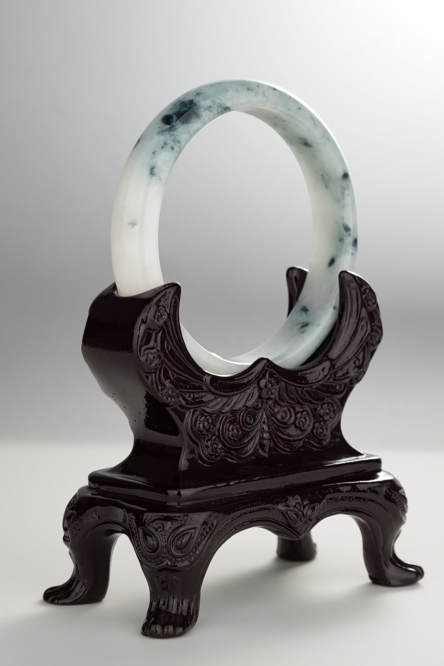 #0301 Rich Blue Flower White Jade Bangle Size 58.5