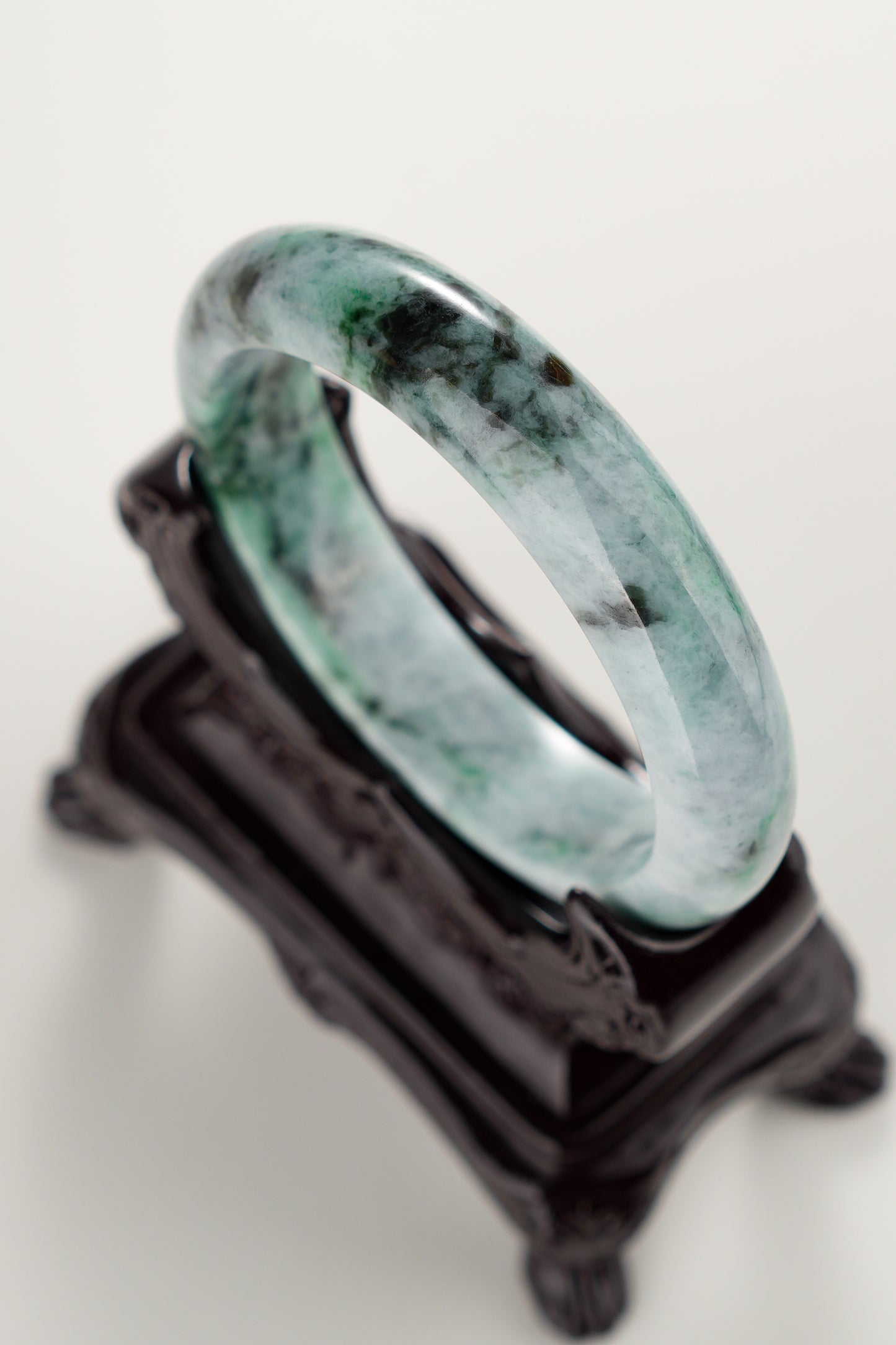 #0280 Dark Green Flower Jade Bangle Size 58.4