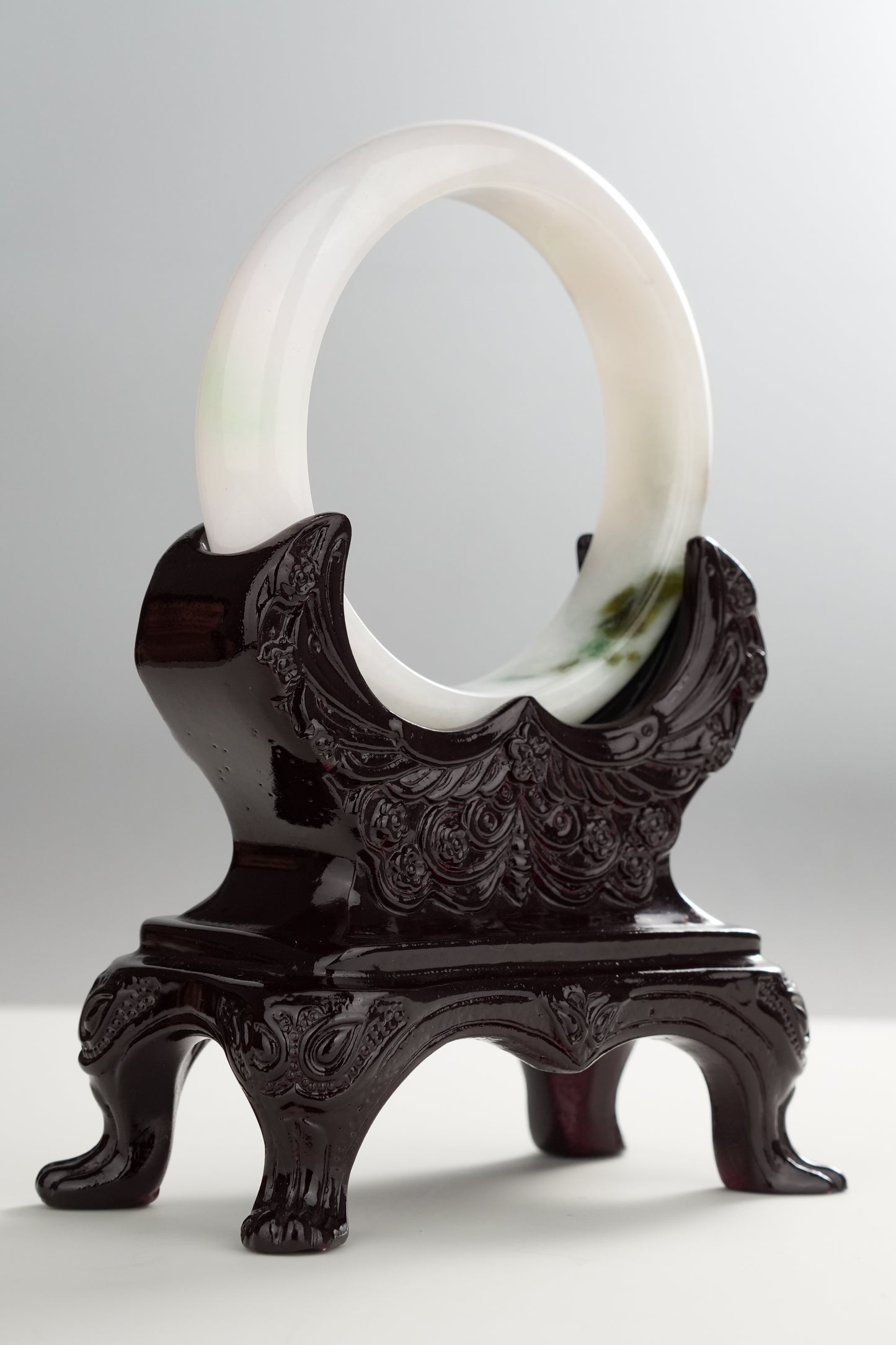 #0272 White Yellow Flower Green Jade Bangle Size 55.3
