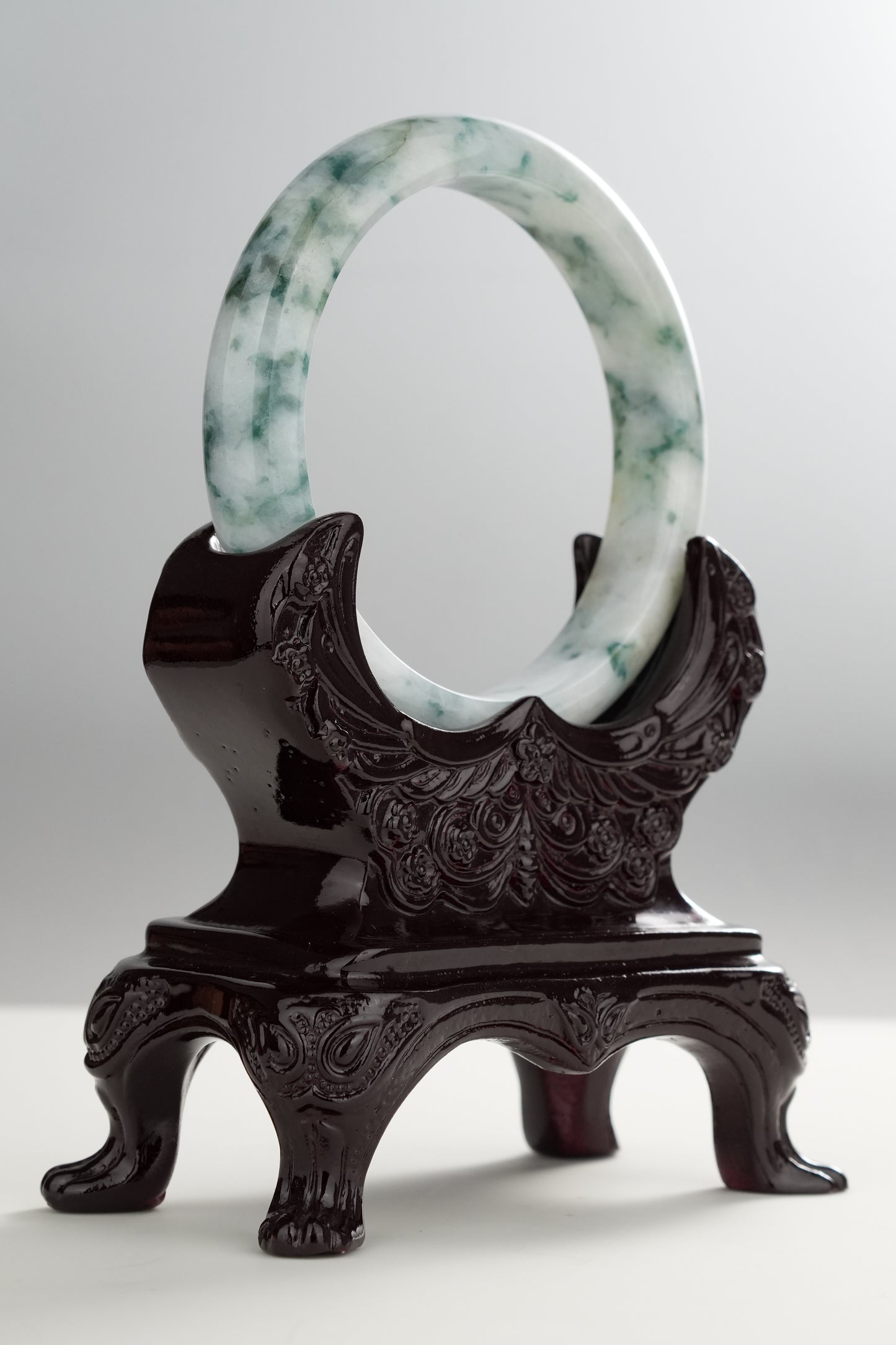 #0276 Bluish Green Flower Jade Bangle Size 57.3