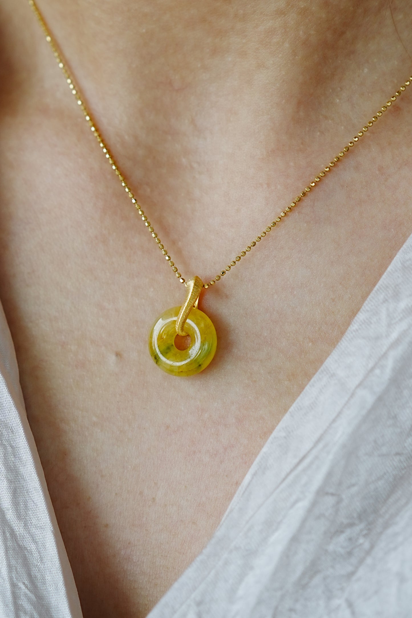 #0428 "Ping An Kou" Icy Vivid Yellow Green Jadeite Jade Mini Donut 18K Yellow Gold Pendant
