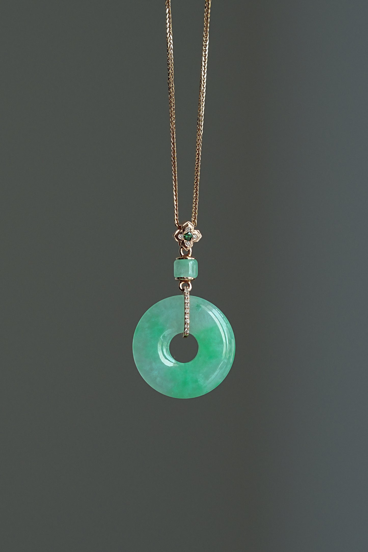 #0432 "Bi" Highly Icy Bright Sun Green Jadeite Jade Donut 18K Rose Gold VS Diamonds Pendant