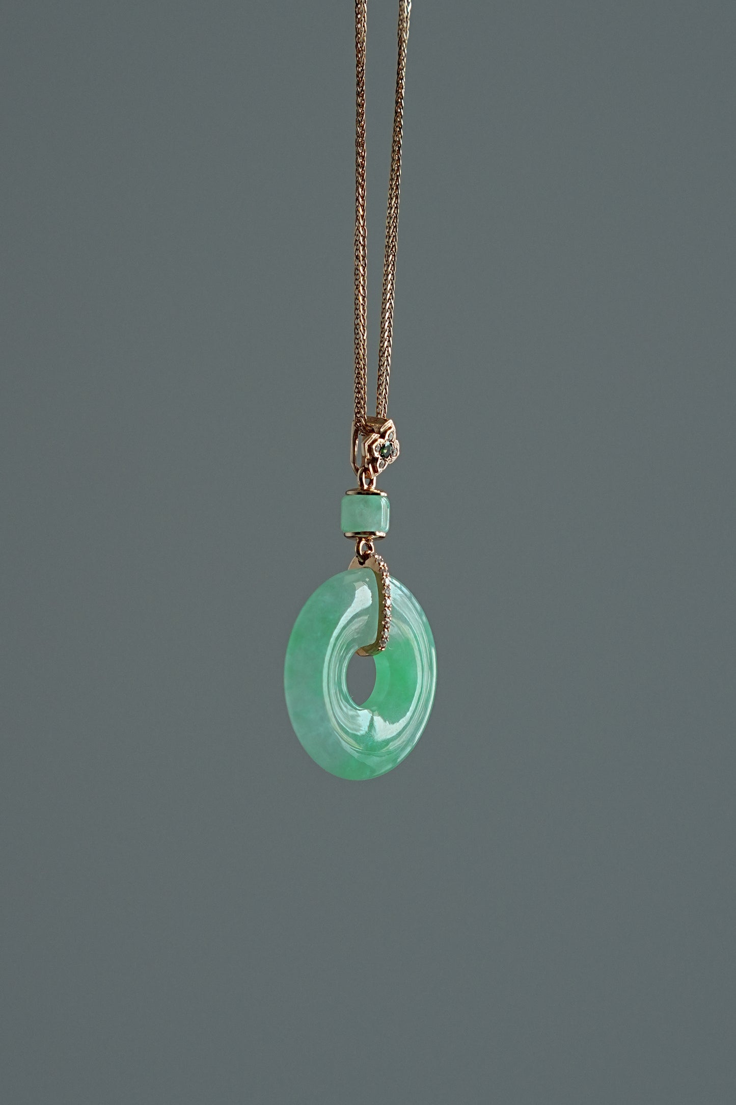 #0432 "Bi" Highly Icy Bright Sun Green Jadeite Jade Donut 18K Rose Gold VS Diamonds Pendant
