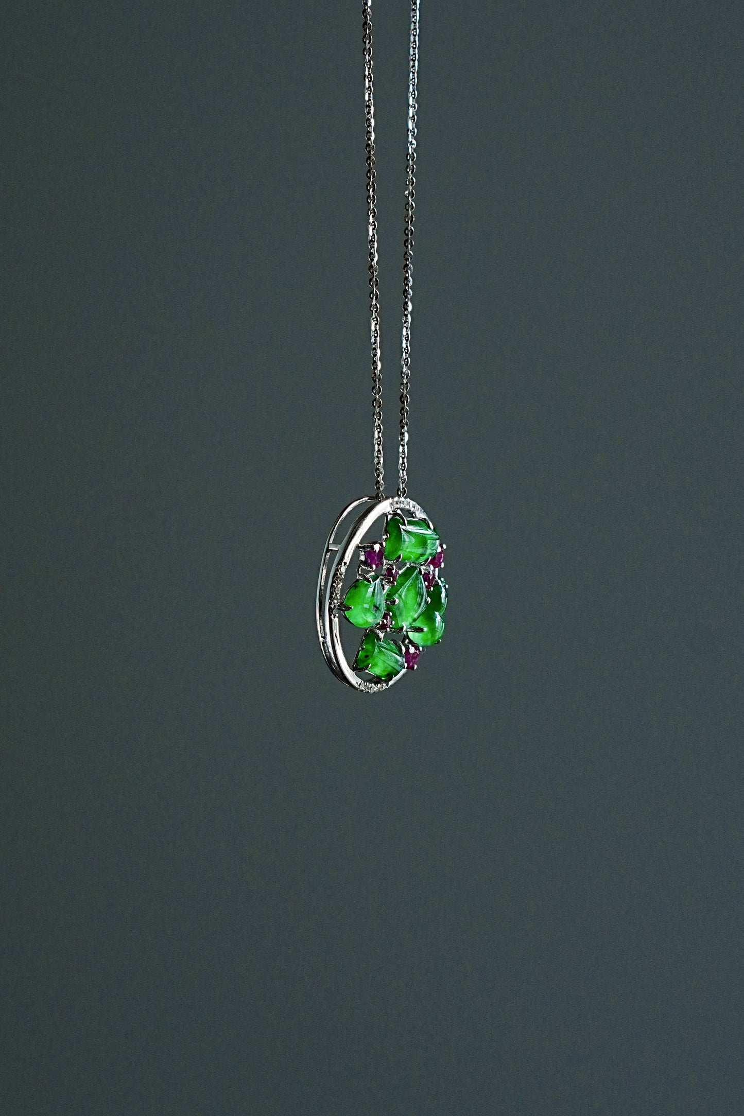 #0441 "Treasure Bowl" Icy Vivid Green Jadeite Jade 18K White Gold Pendant