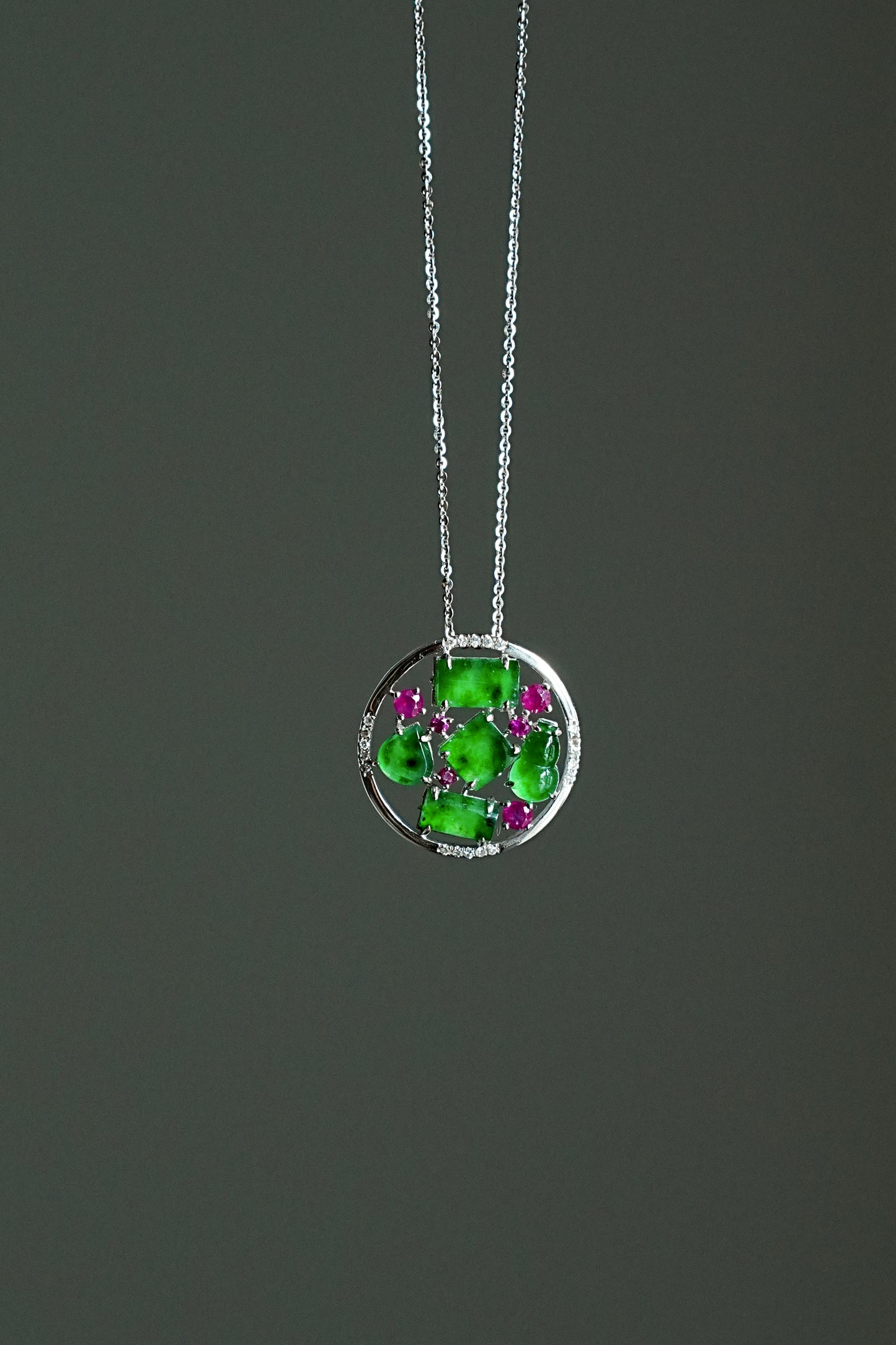 #0441 "Treasure Bowl" Icy Vivid Green Jadeite Jade 18K White Gold Pendant