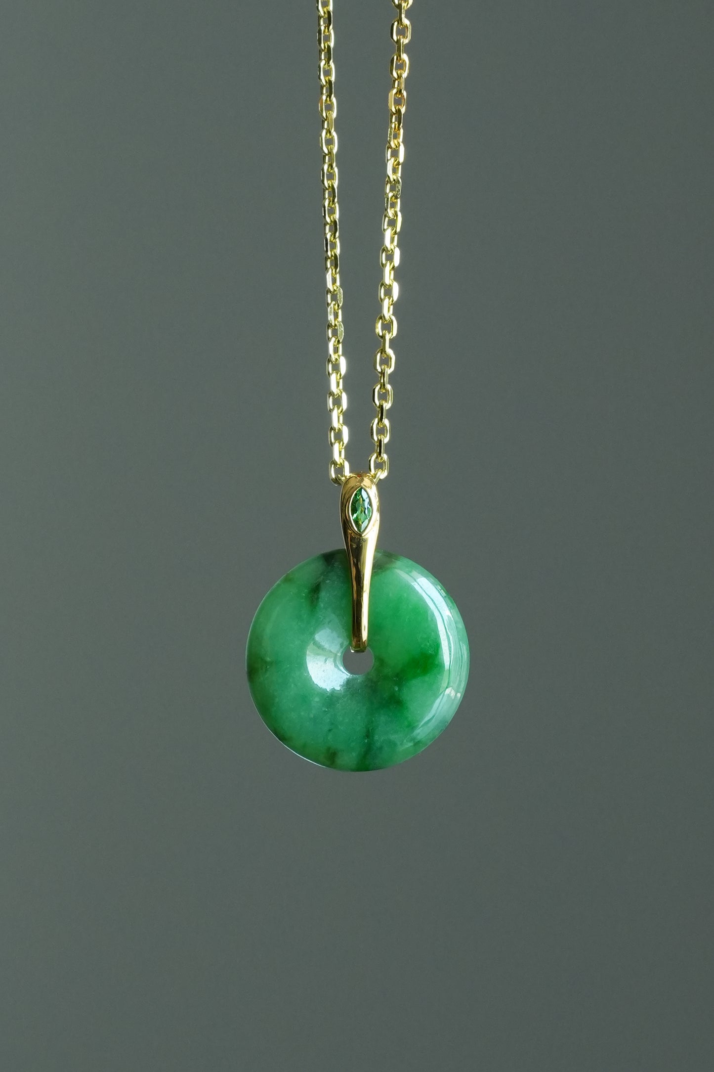 #0447 "Ping An Kou" Silky Rich Green Jadeite Jade Donut 18K Yellow Gold Pendant