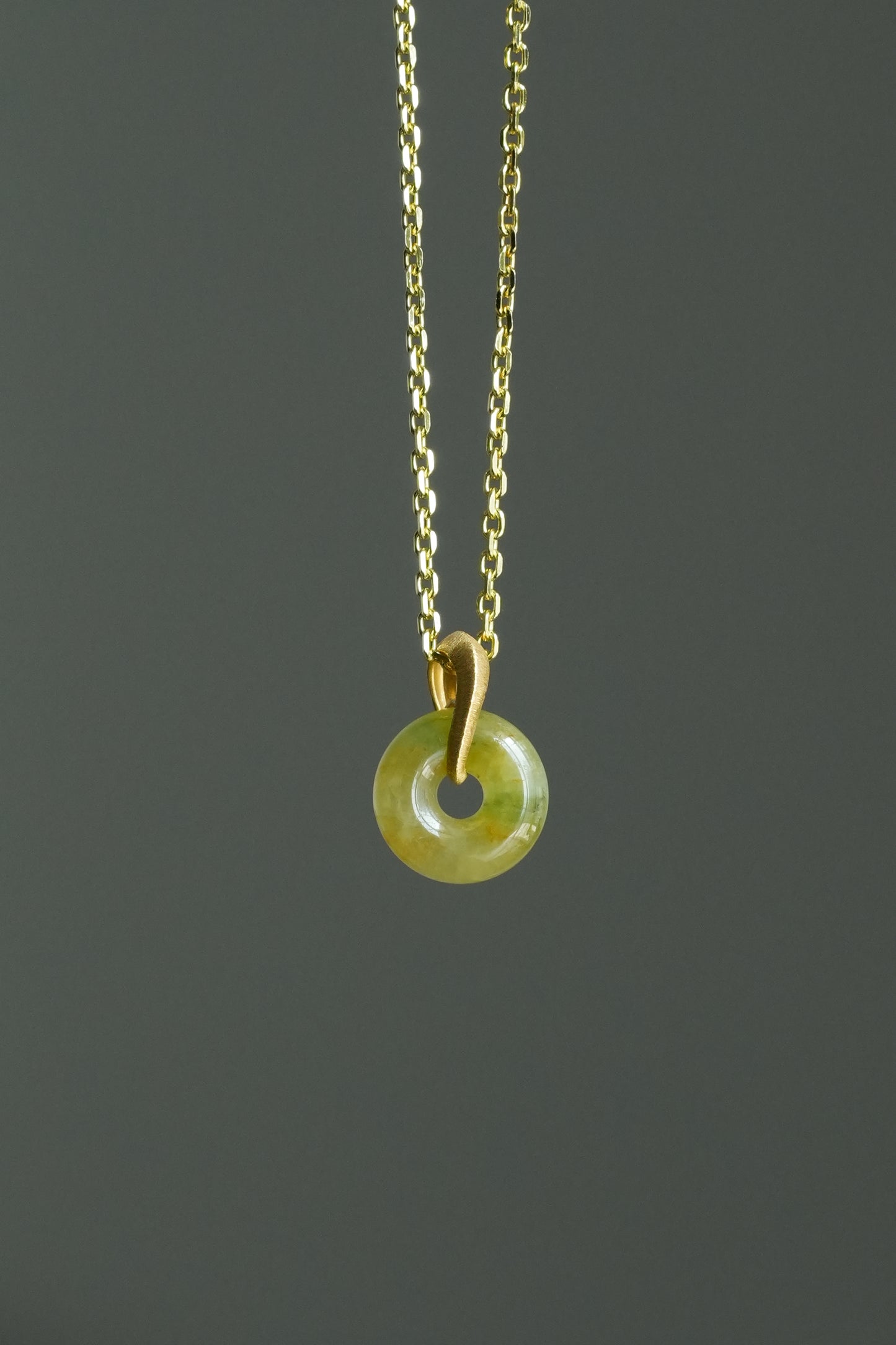 #0428 "Ping An Kou" Icy Vivid Yellow Green Jadeite Jade Mini Donut 18K Yellow Gold Pendant