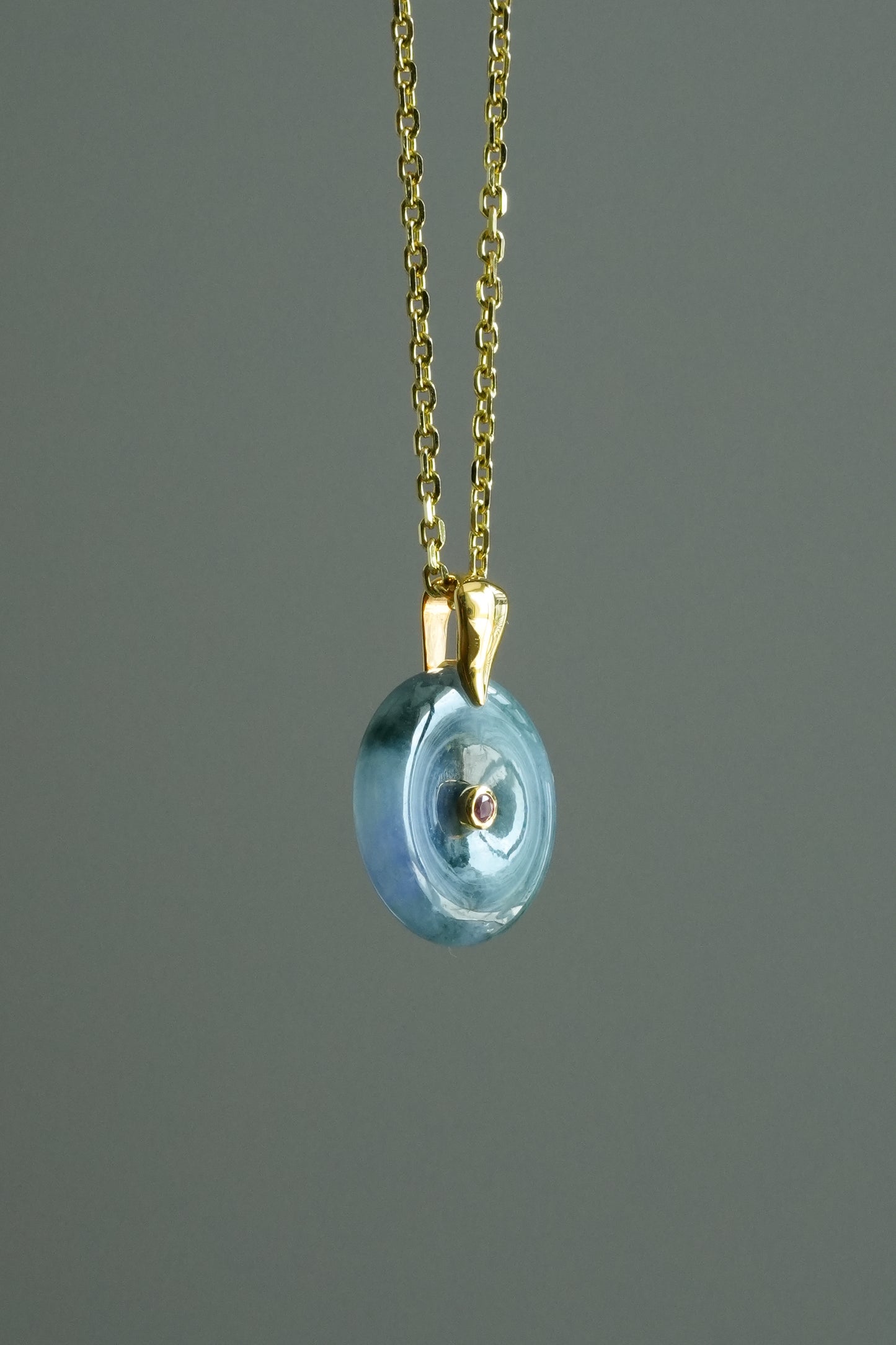 #0448 "Ping An Kou" Icy Monet Lavender & Green Jadeite Jade Donut 18K Yellow Gold Pendant